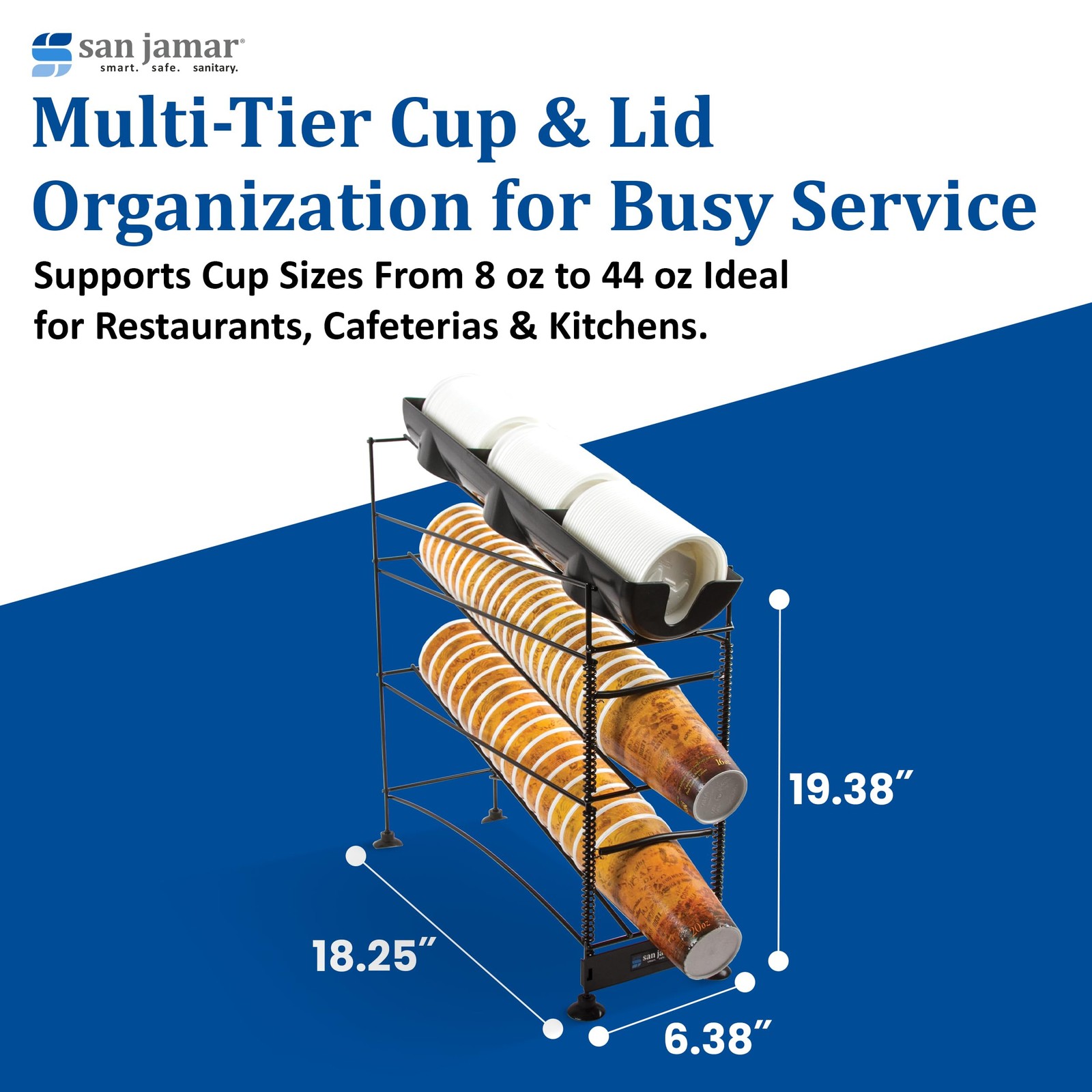 San Jamar Wireworks 3 Tier Cup Lid Dispenser Fits 844 Oz Black 8.25×20.5 In