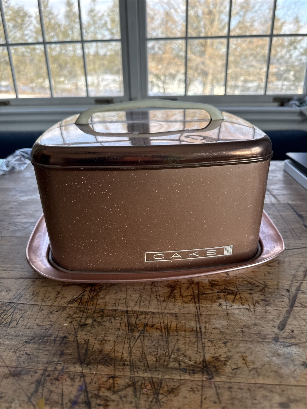 Vintage Lincoln Beautyware Metal Copper RETRO peach Colored Square Cake Carrier