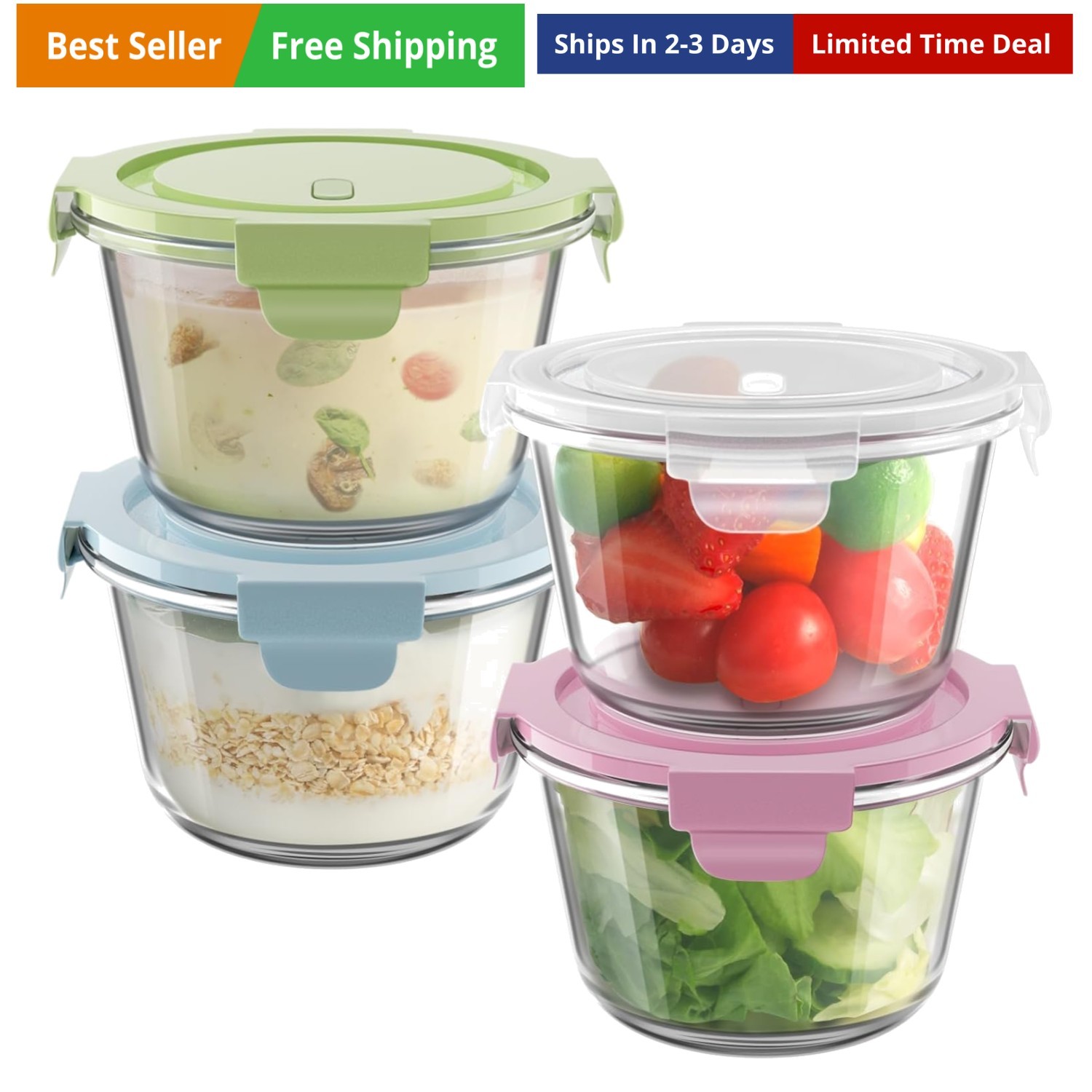 16oz Glass Meal Prep Containers, Airtight 2 Cup Glass Storage Containers with…