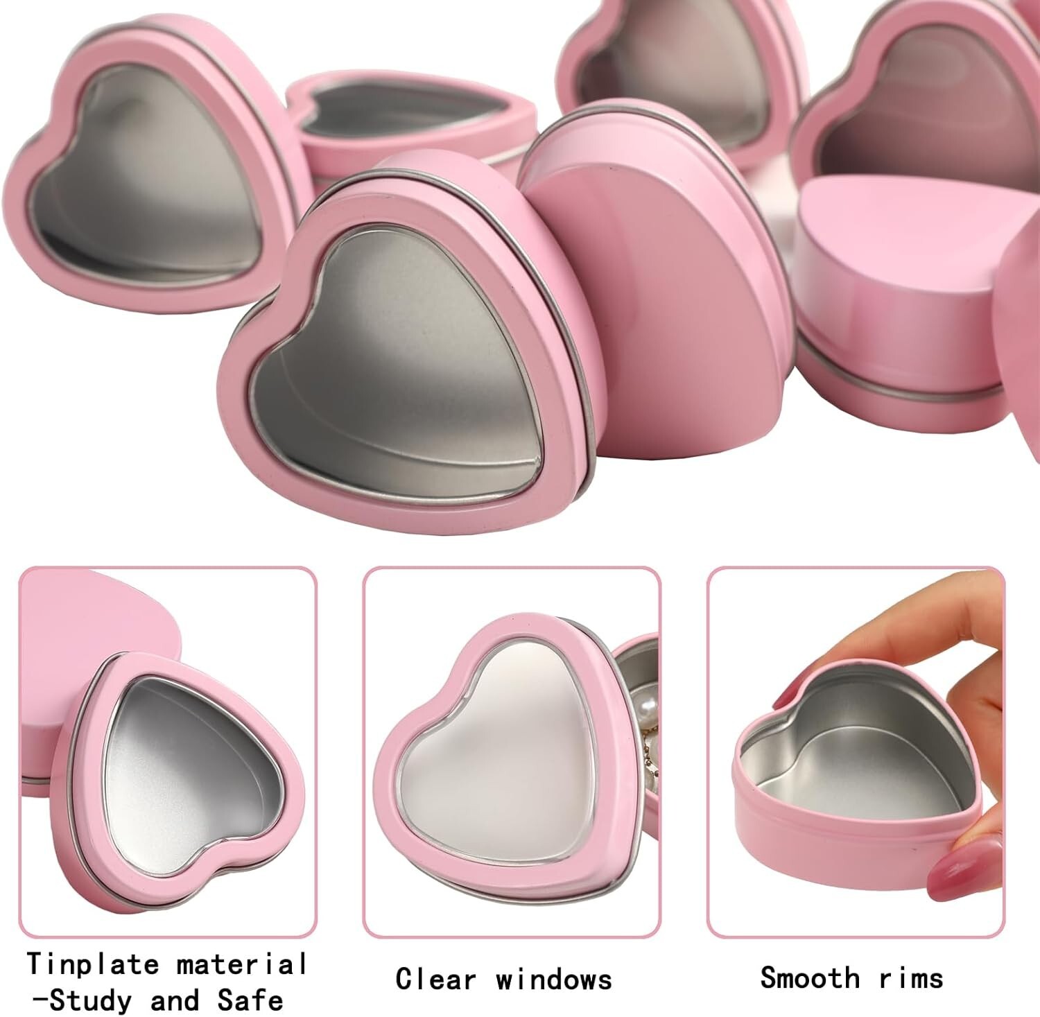 12 Pack 2 Ounce Metal Tins Can Heart Shaped Empty Containers Clear lid Valentine
