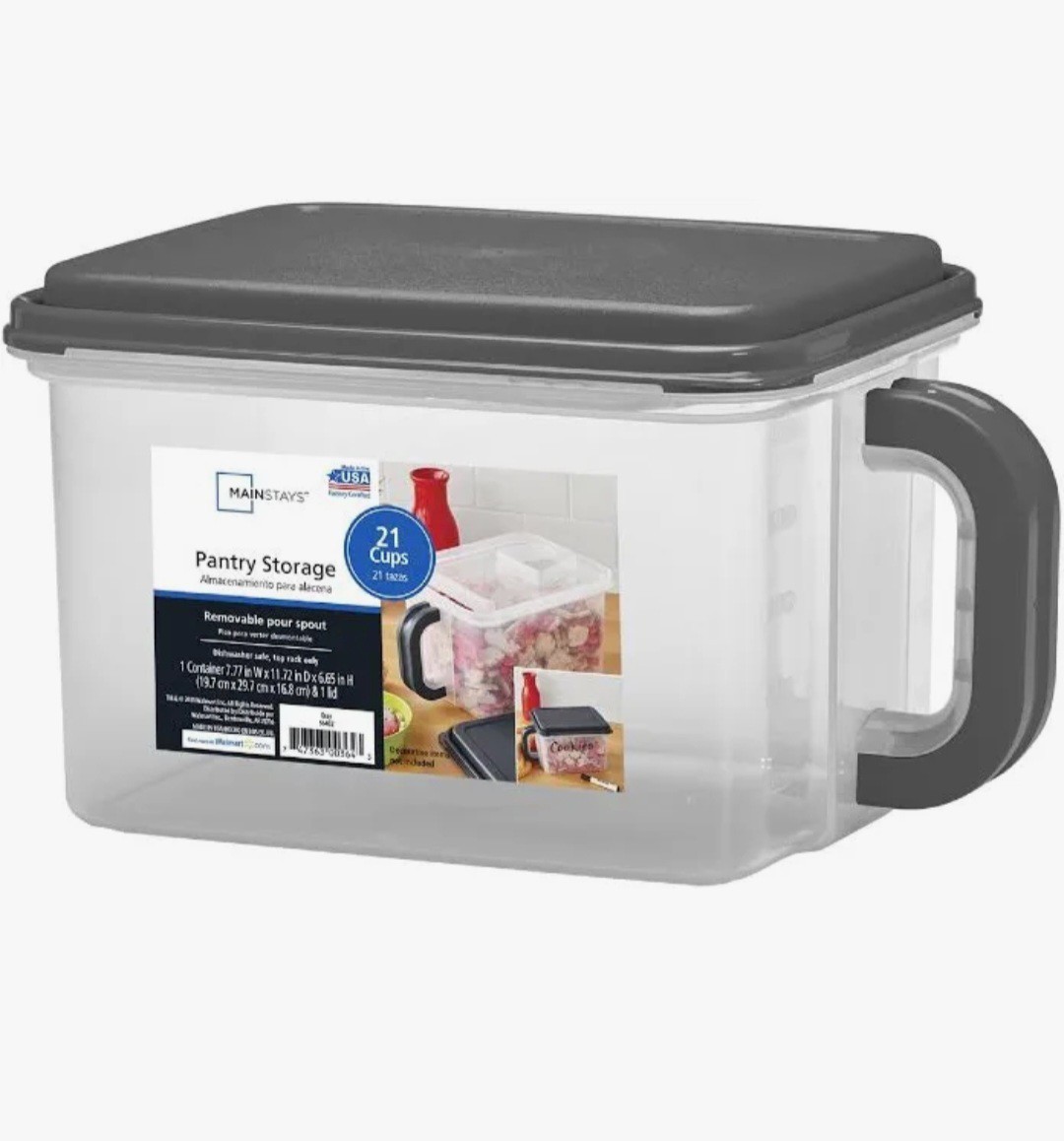 Mainstays Pantry Storage Container 21 Cups Clear Gray Snap Lid Plastic Handle