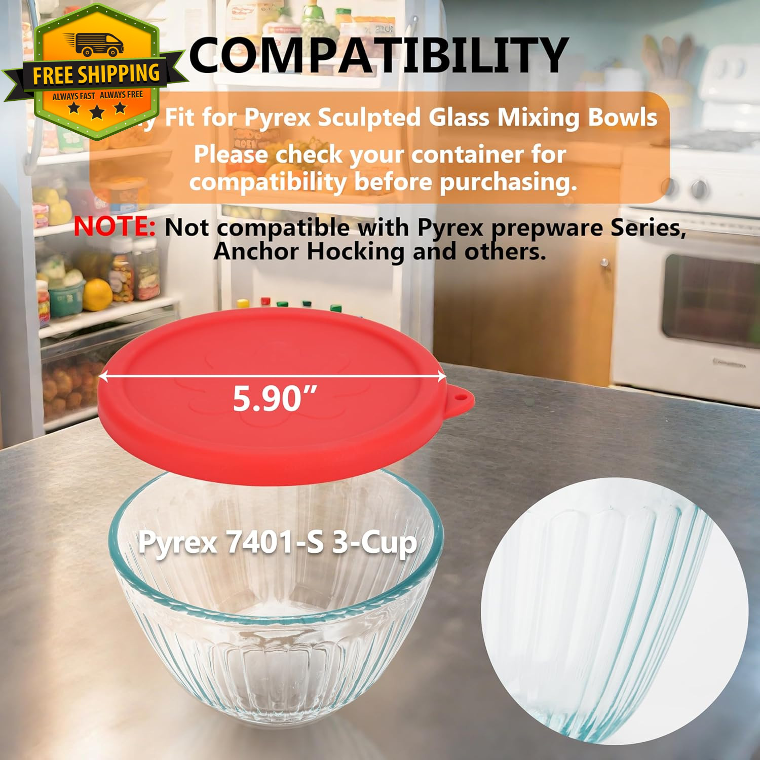 2 Pack Silicone Replacement Lids for Pyrex 7401-S 3 Cup Mixing Bowls