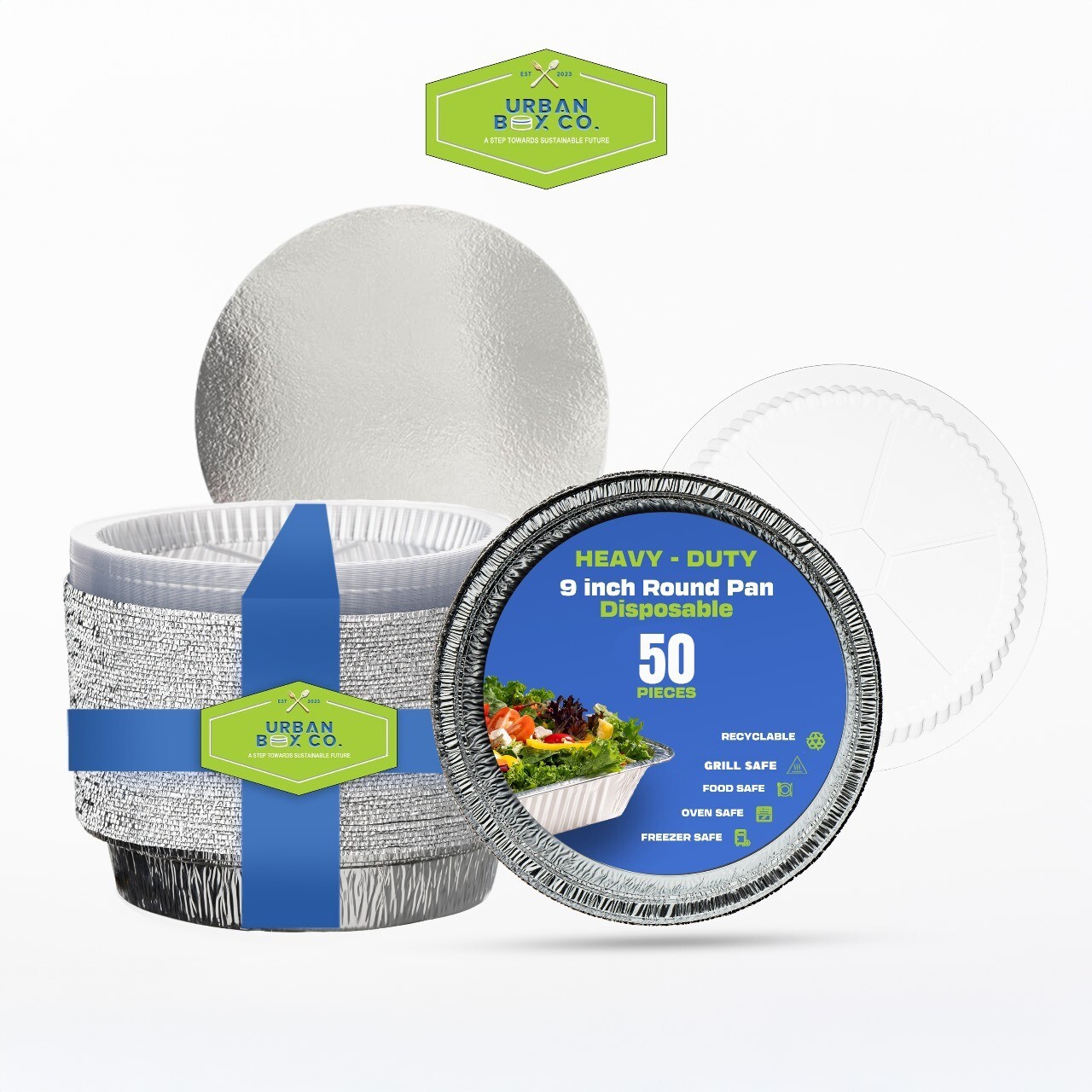 Urban Box Co 9” Round Aluminum Foil Round Pans with Paper Lids, 50 Pack