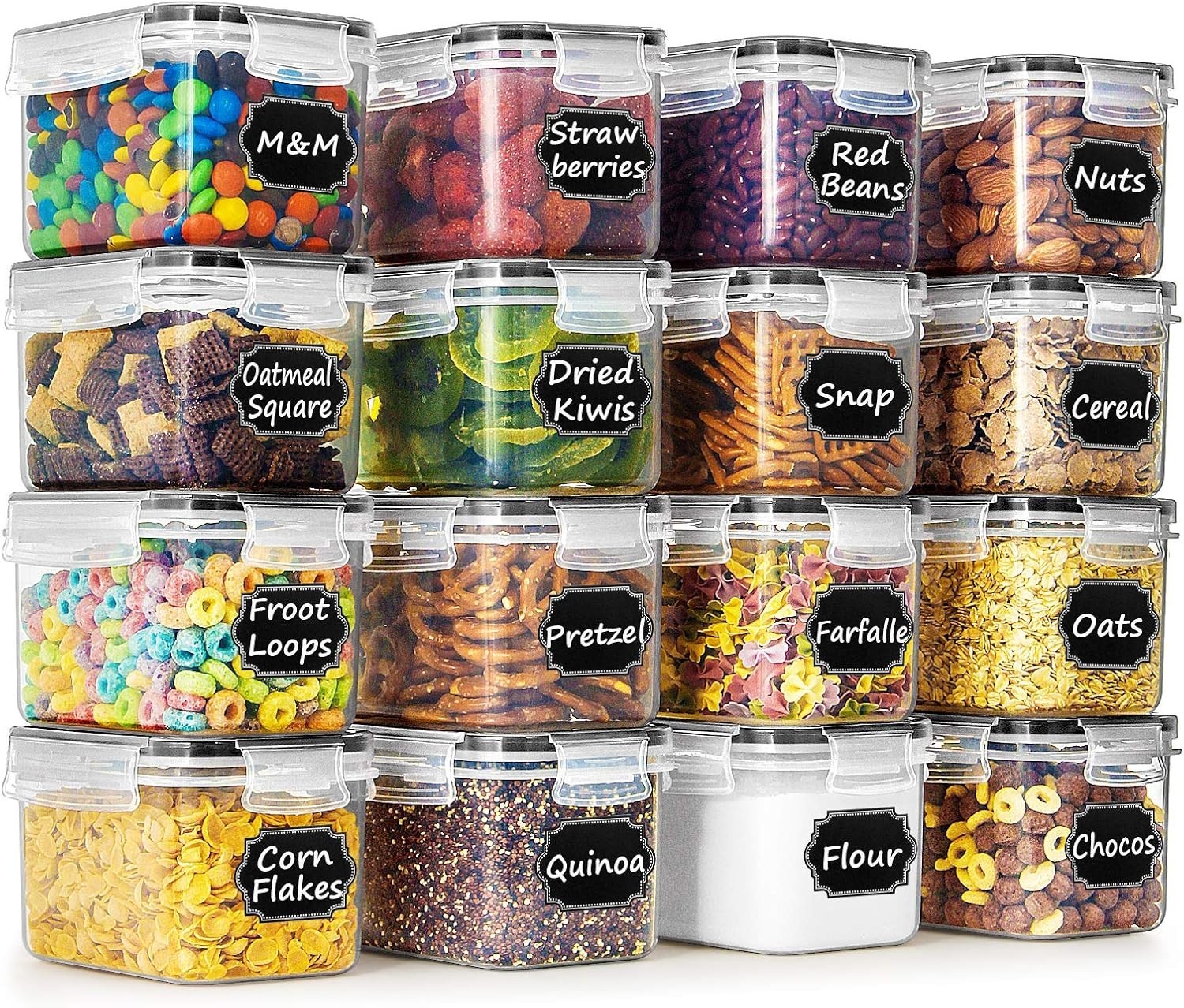 Cereal & Dry Food Storage Container Set of 16 [0.8L /3.38 Cups] Sugar Flour &