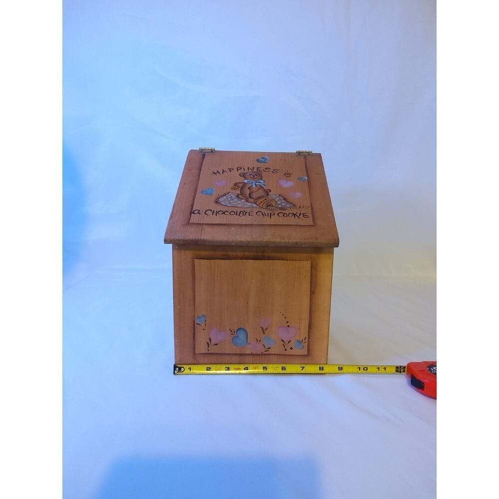 Vtg teddy bear & hearts Wood Cookie Box, Decorative Lid, rustic cottagecore,