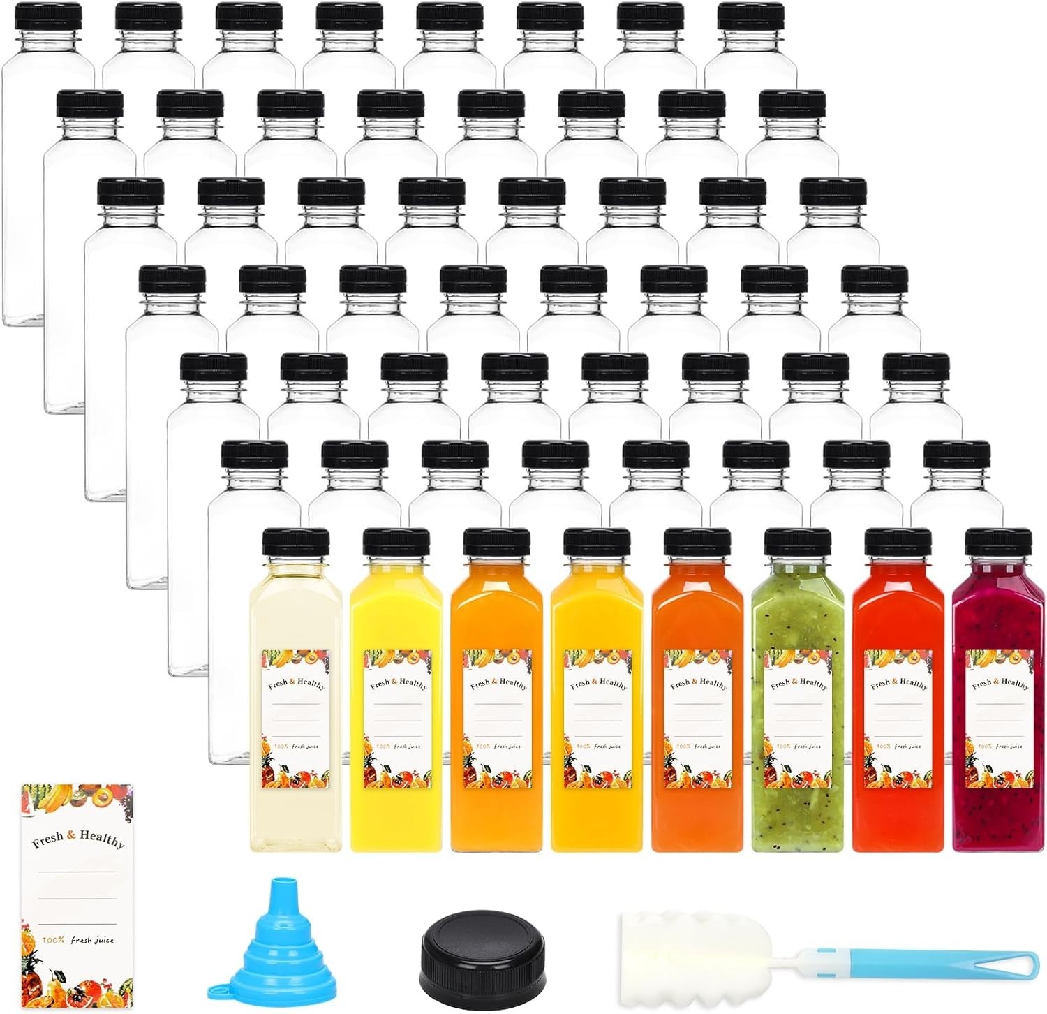 56pcs 16oz Plastic Juice Bottles W/ Caps Clear Empty Containers W/ Brush Funnel