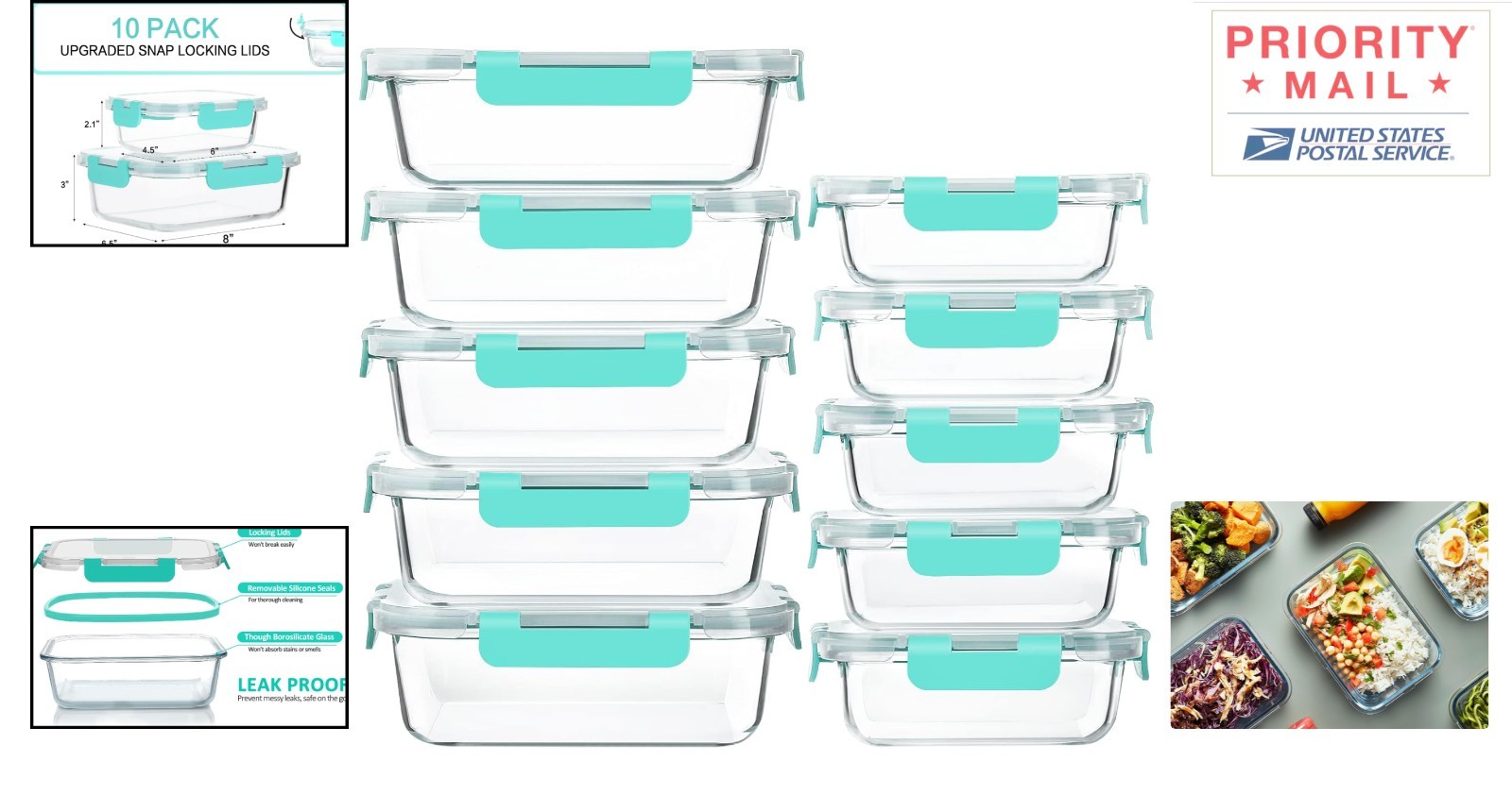 Microwave Safe Glass Containers 10 Pack Meal Prep Food Storage Green Rectangular