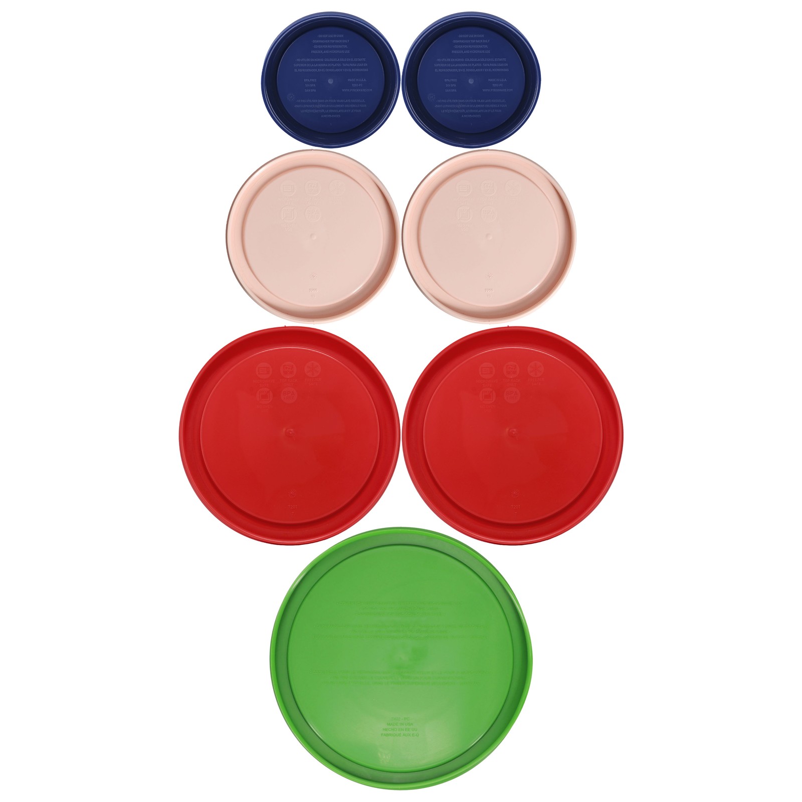 Pyrex Lids: (2) 7202-PC BL, (2) 7200-PC RSW, (2) 7201-PC PR, (1) 7402-PC GN
