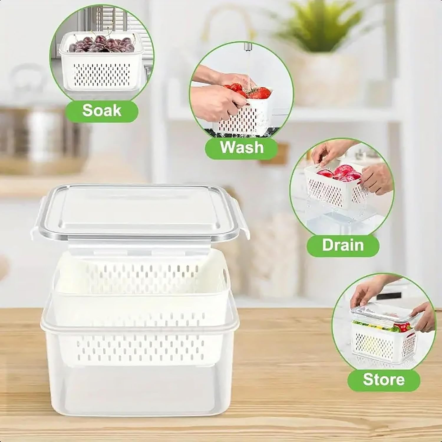 3Pcs 4 in 1 Fruit Containers for Fridge with Removable Colanders and Lids, Airti