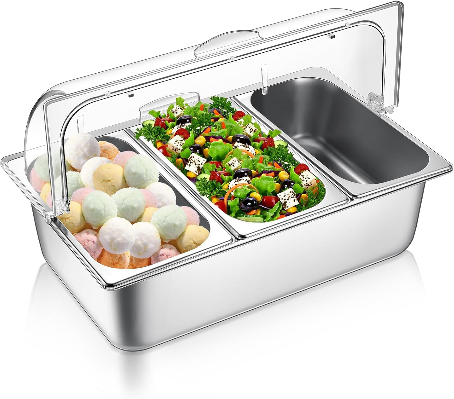 Stainless Steel Food Display Tray with Clear Roll Top for Buffets & Parties