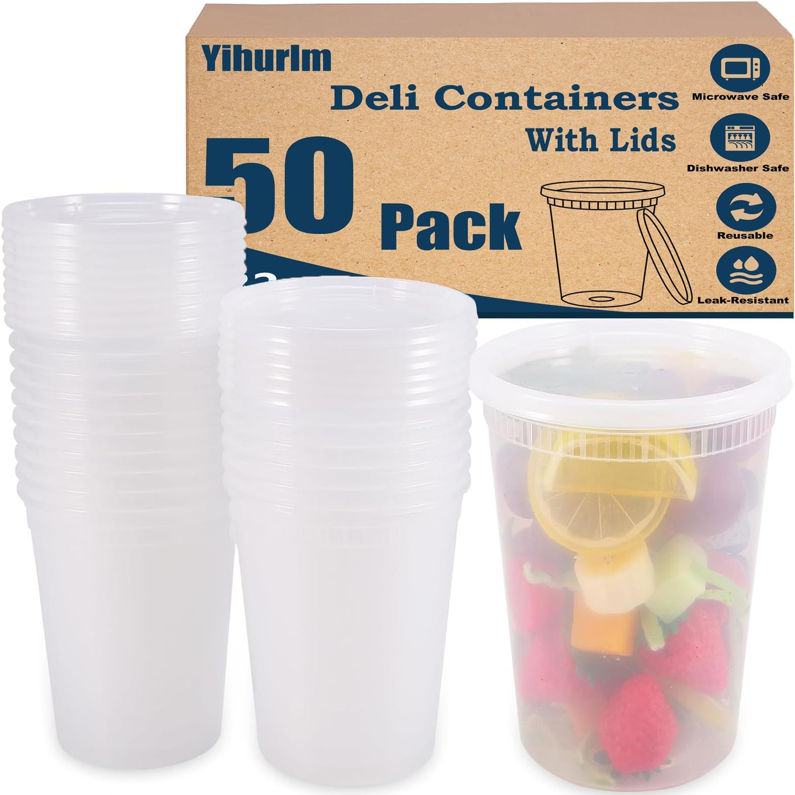 50 Pack Deli Containers with Lids 32oz Plastic Food Storage Heavy-Duty Clear