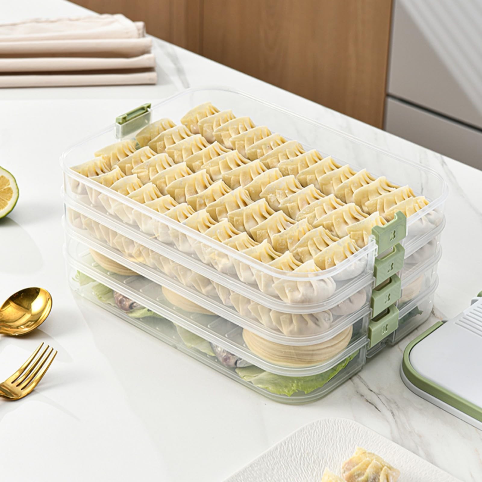 MueJah Dumplings Storage with 4 Layers, Stackable with Buckle, Lid & Handle f…