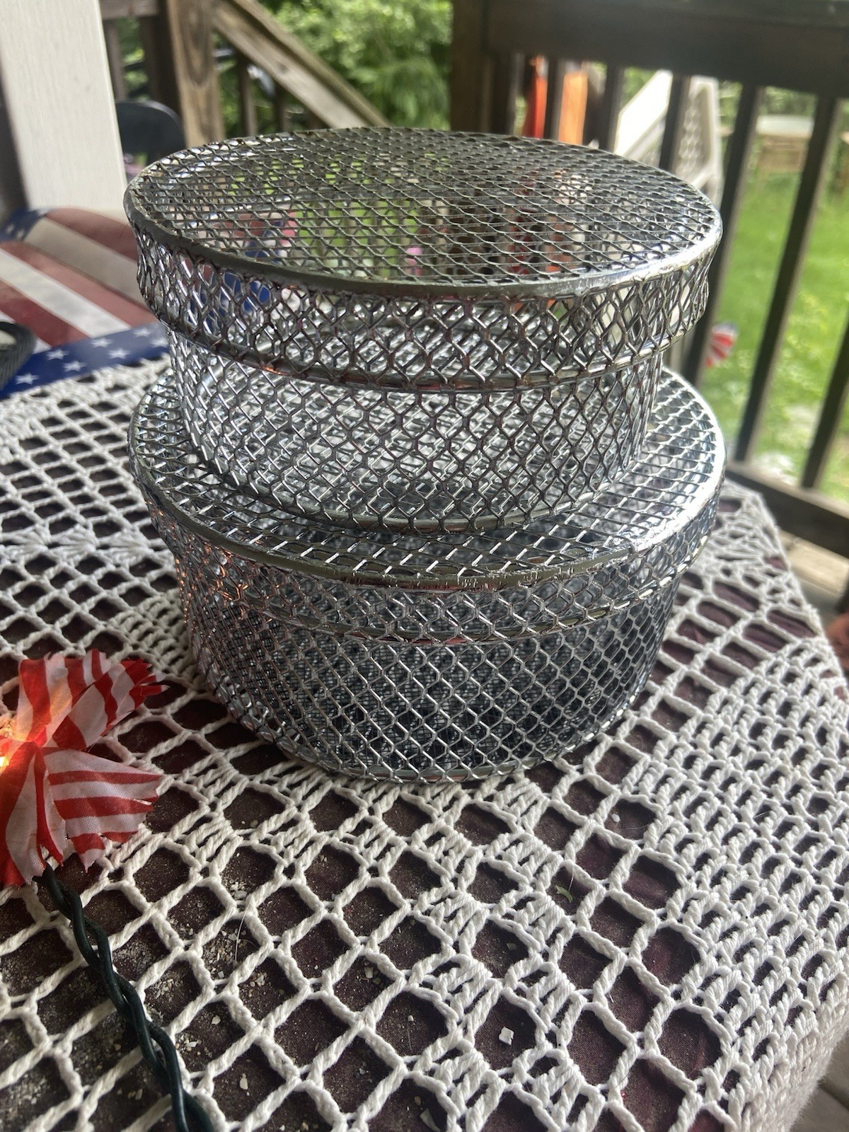 Set Of 2 Stainless Steel Mesh Covered Round Boxes