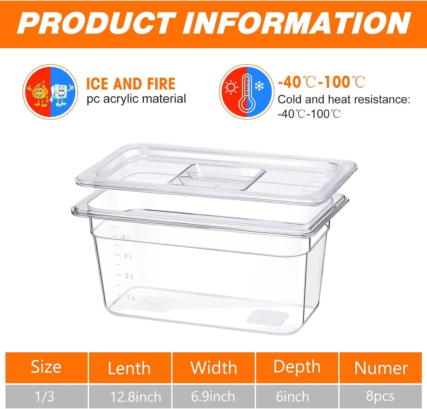 Fumete 8 Sets Plastic Clear Food Pans with Lids, 1/3-Size 6″ Deep Polycarbonate