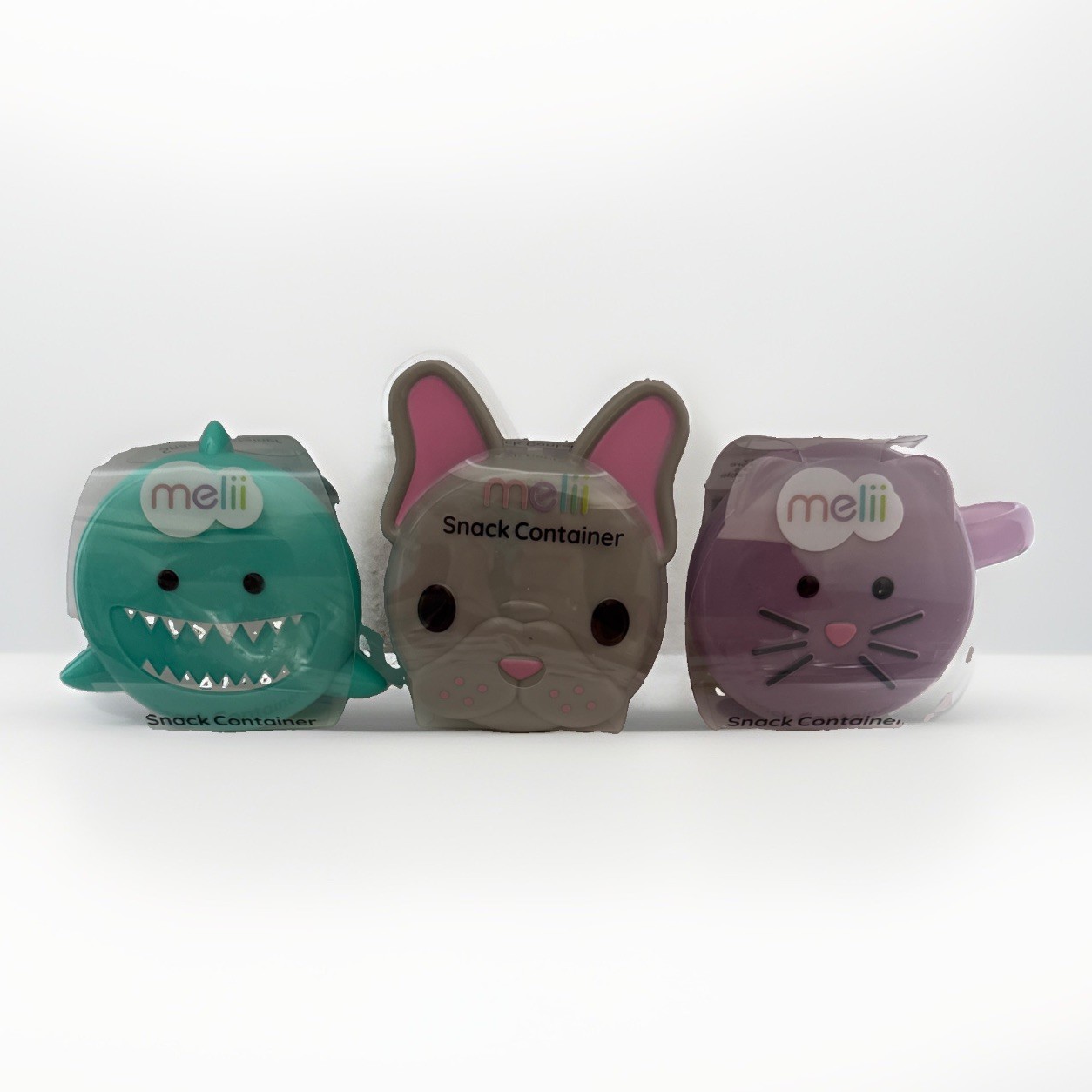 Melli Set Of 3 Animal Snack Containers With Lids Shark, Bulldog & Cat NEW In Pkg
