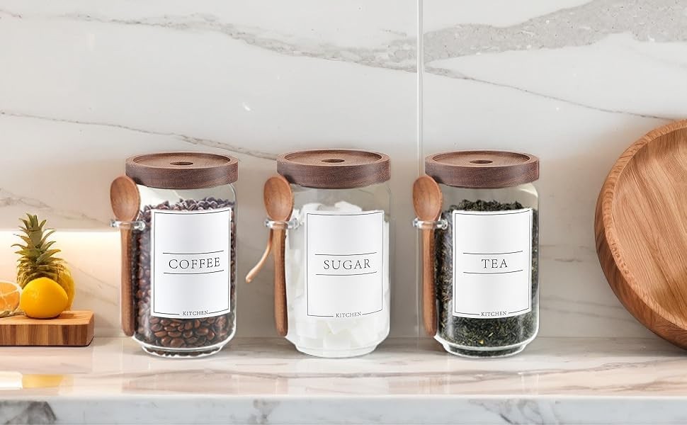 Coffee and Sugar Container Set, Glass Coffee Jars with Wooden Lids and Scoops,