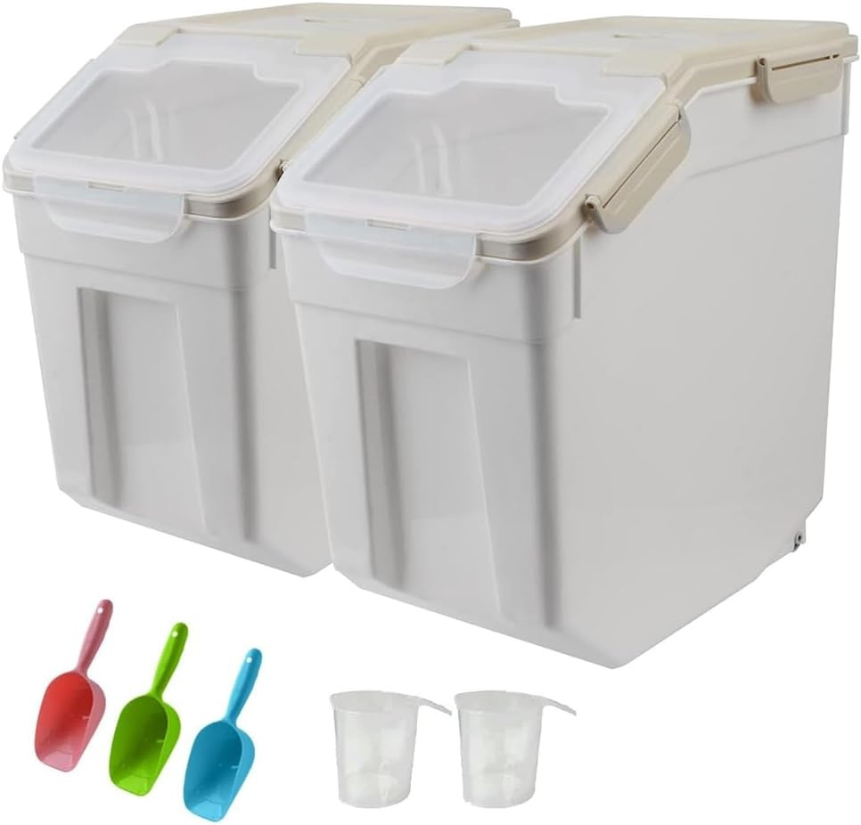 25LB Large Flour Storage Container Bin ,2 Pack Airtight Plastic with Wheels Seal