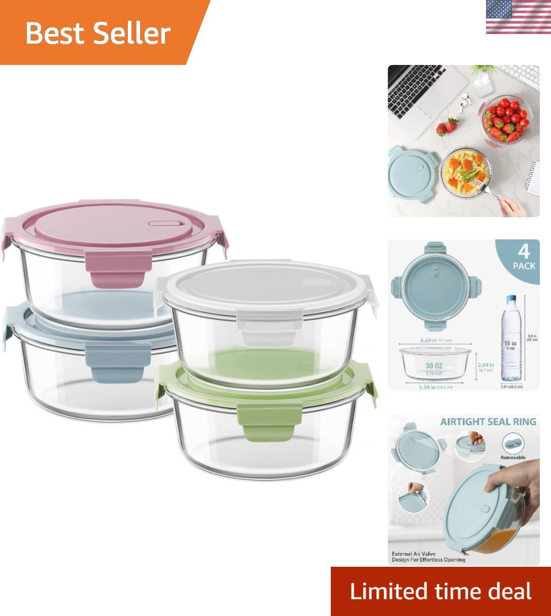 Airtight Glass Meal Prep Containers – 30oz, Microwave, and Freezer Safe – 4 Pack