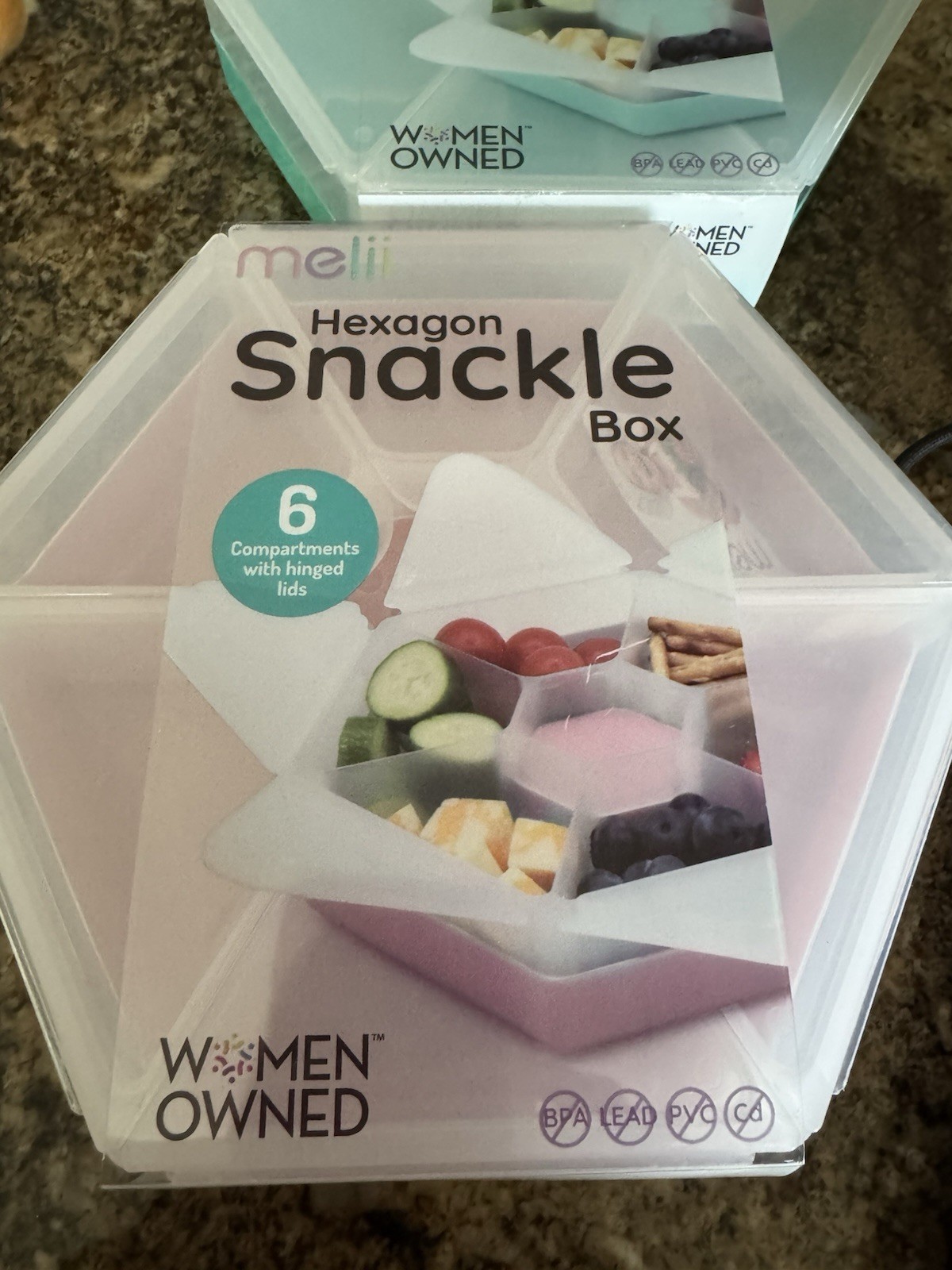 Melii Hexagon Snackle Box (2) 6-Compartment Containers w SnapLock Lids Mint/Pink
