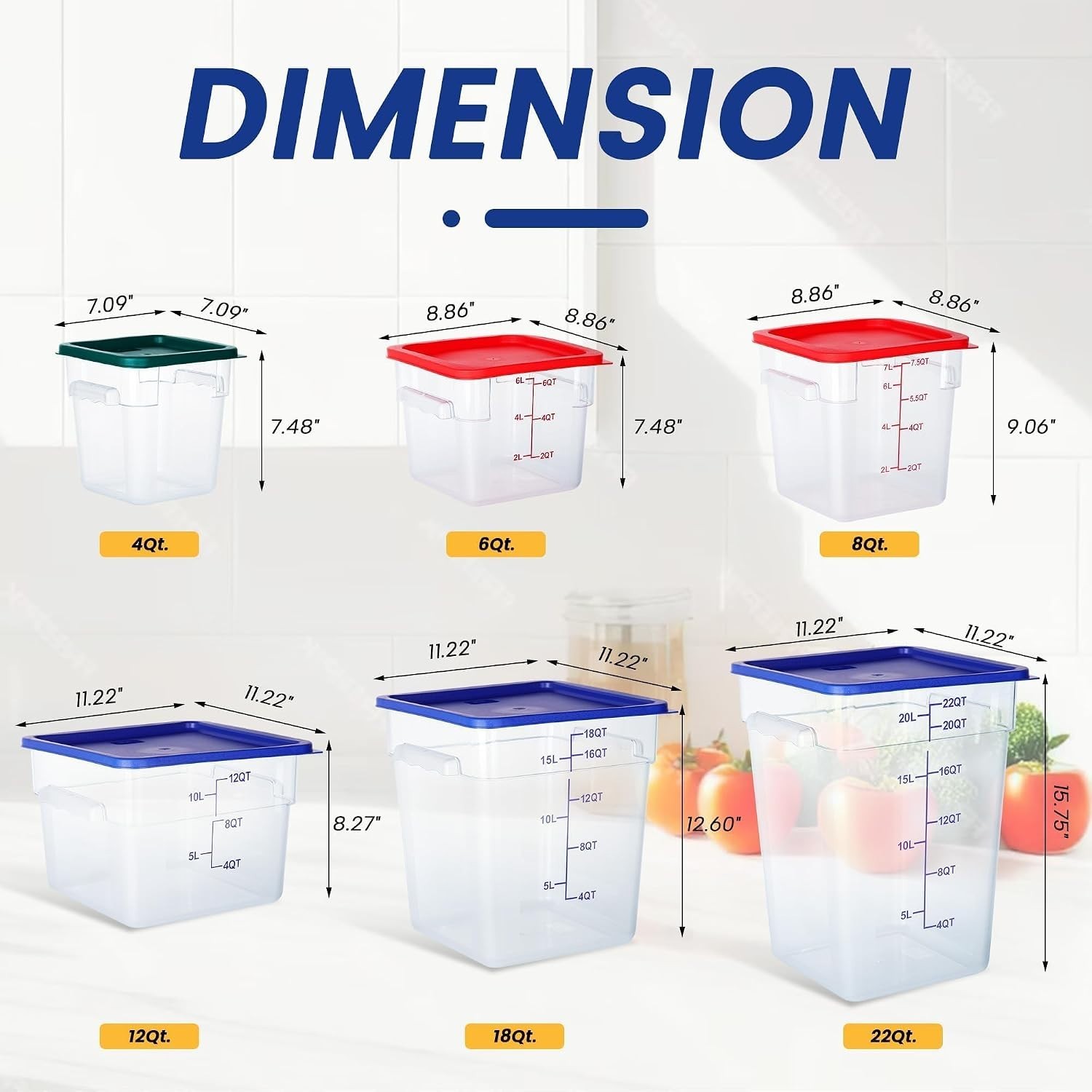 4 Pack 12 Qt Square Polycarbonate Food Storage Containers with BPA-free PC with