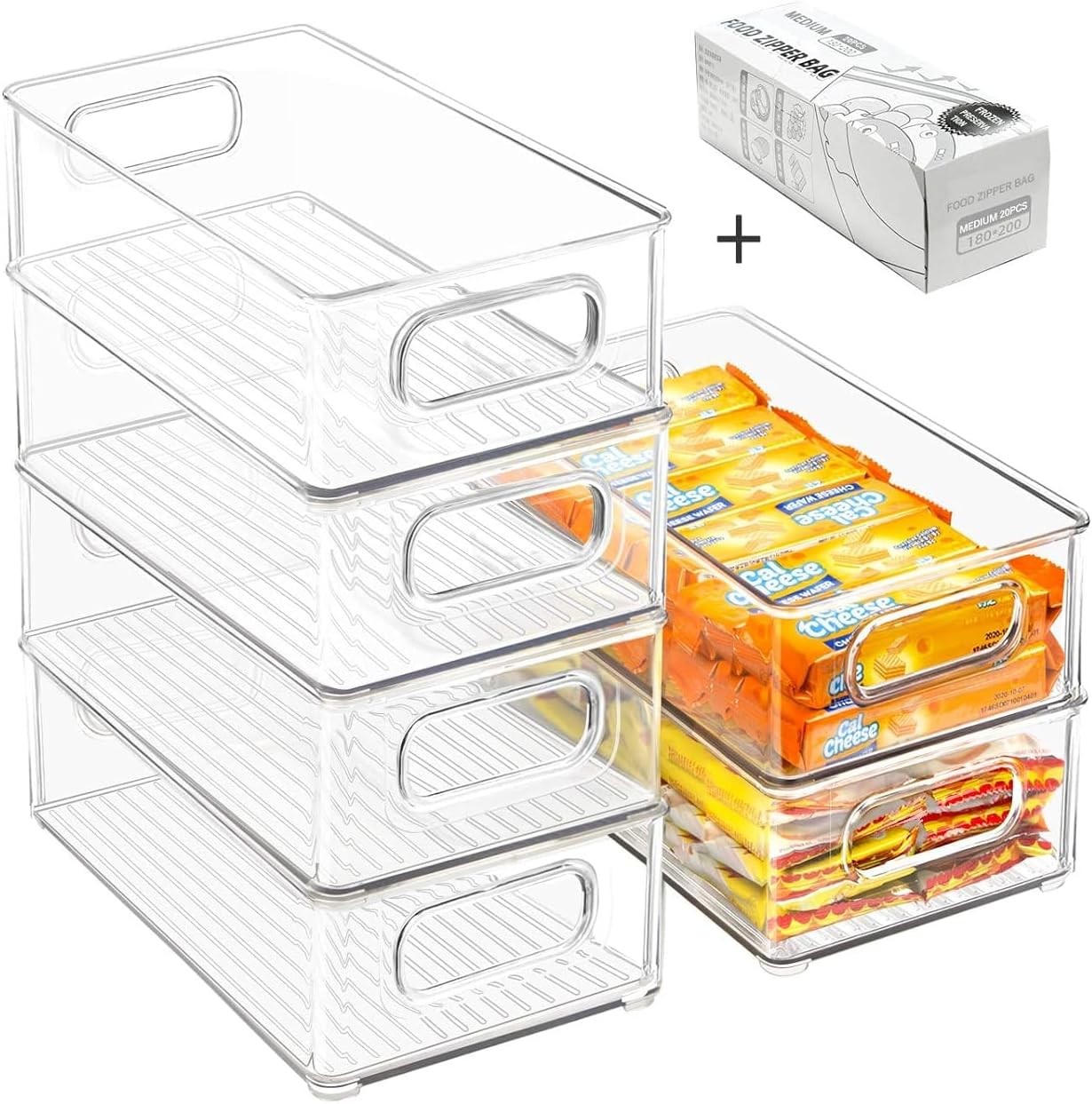 6 Pack Stackable Clear Refrigerator Organizer Bins w/ Handles BPA Free 10″ L