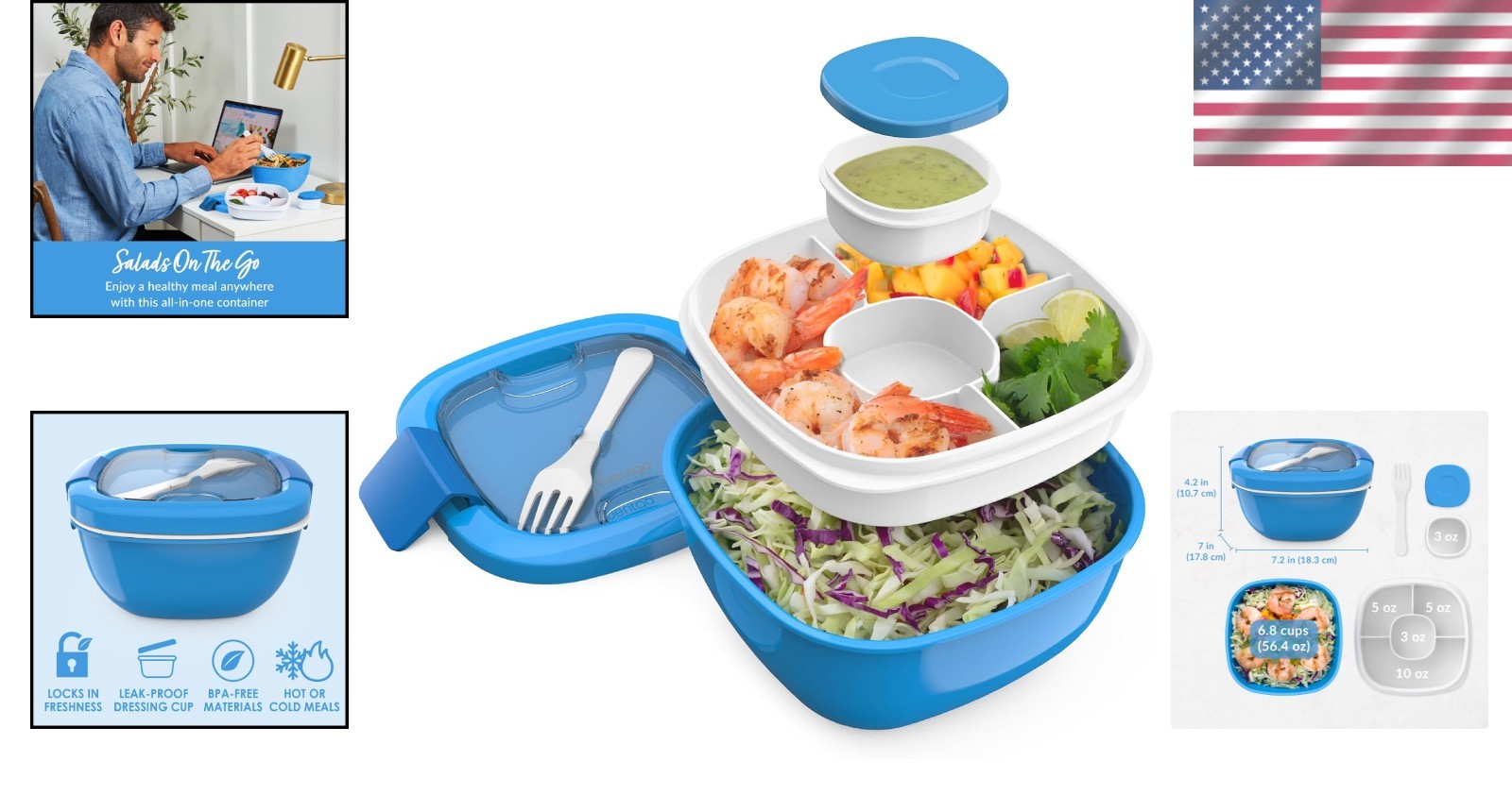 Adult Blue Salad Container with 4-Compartment Tray and Accessories
