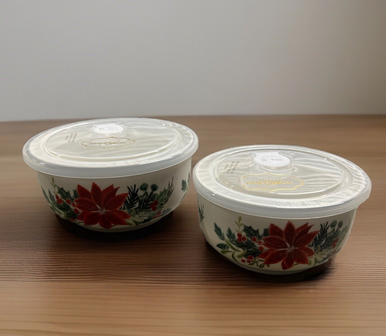 Grace Teaware Holiday Poinsettia 5” & 6” Ceramic Storage Bowl w/ Vented Lid NEW!