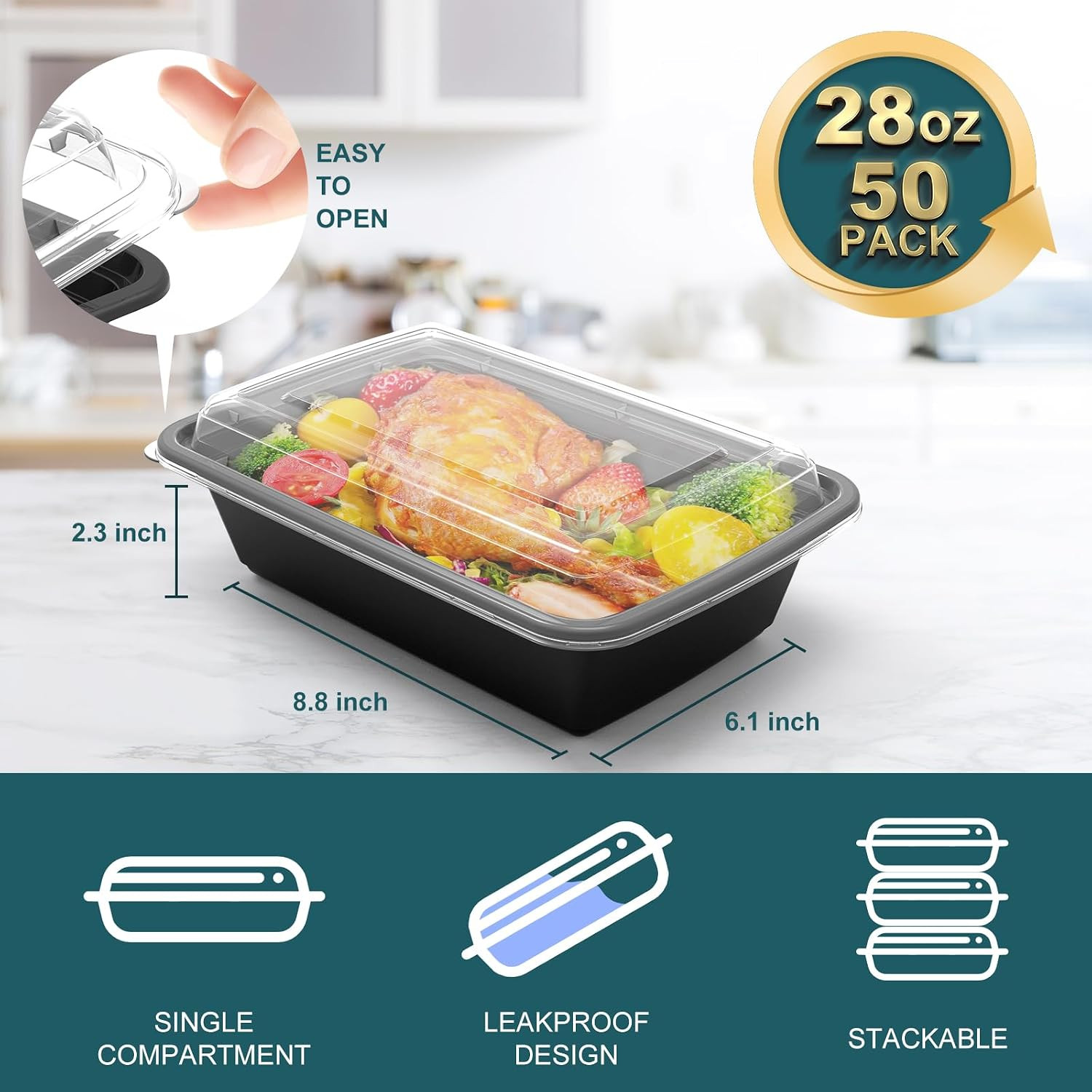 Meal Prep Containers – 50Pack 28OZ Food Containers with Lids, Disposable to Go,