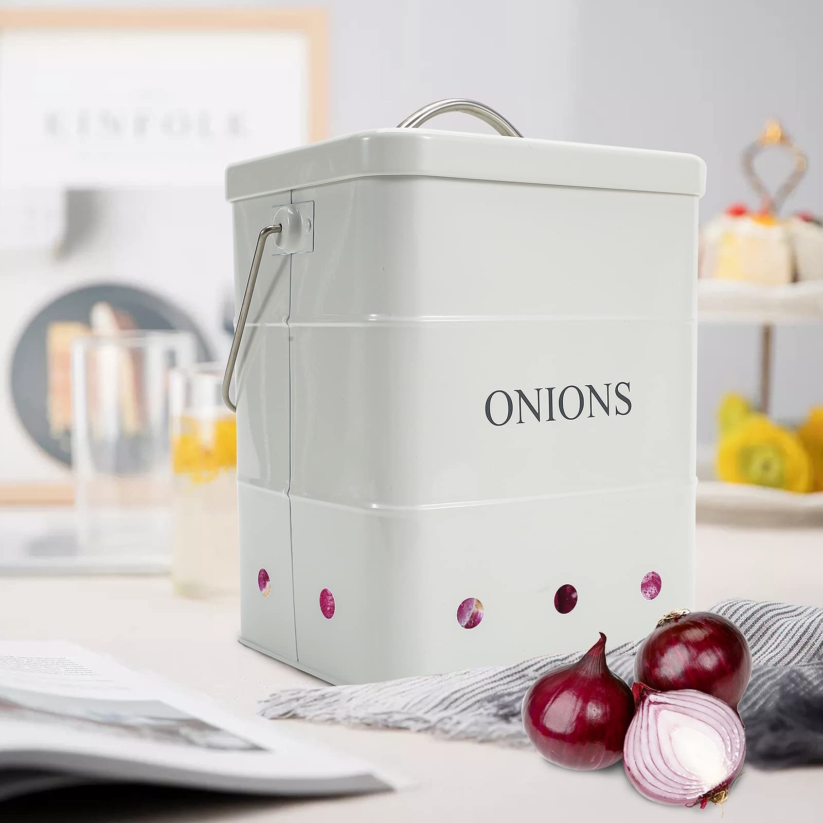 Onion Storage Bin Metal Tin with Aerating Holes – Kitchen Pantry Organizer Fresh