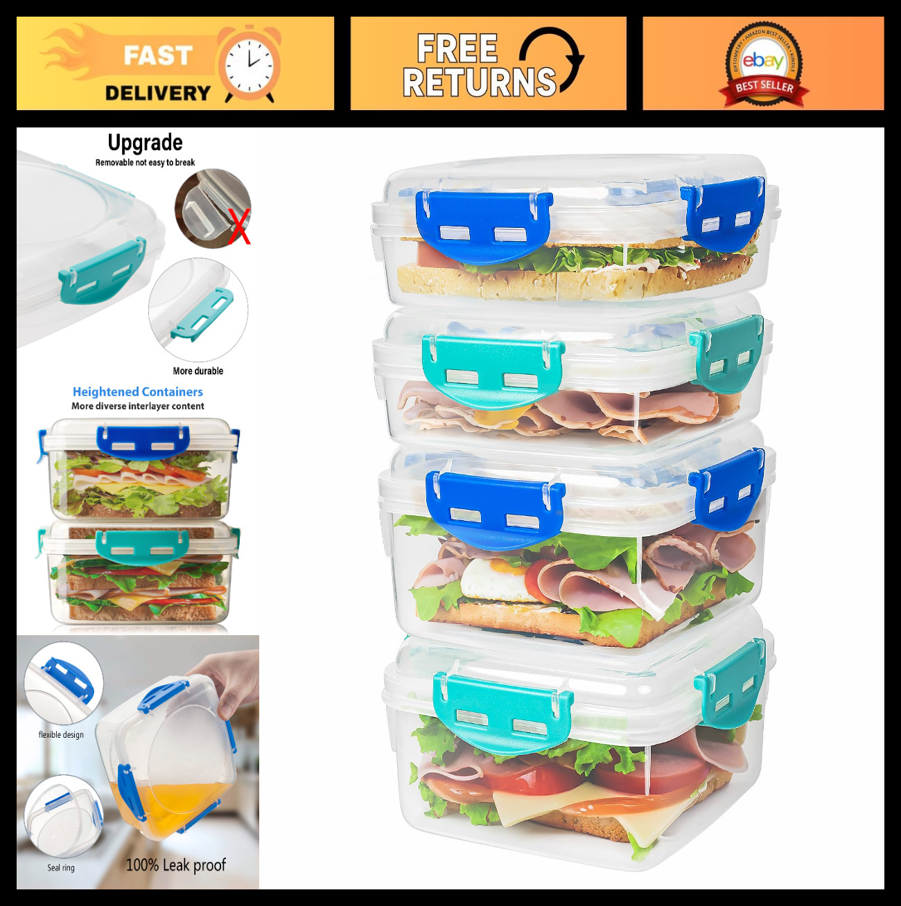 4 Pack Airtight Sandwich Containers – BPA-Free, Microwave & Dishwasher Safe, Upg