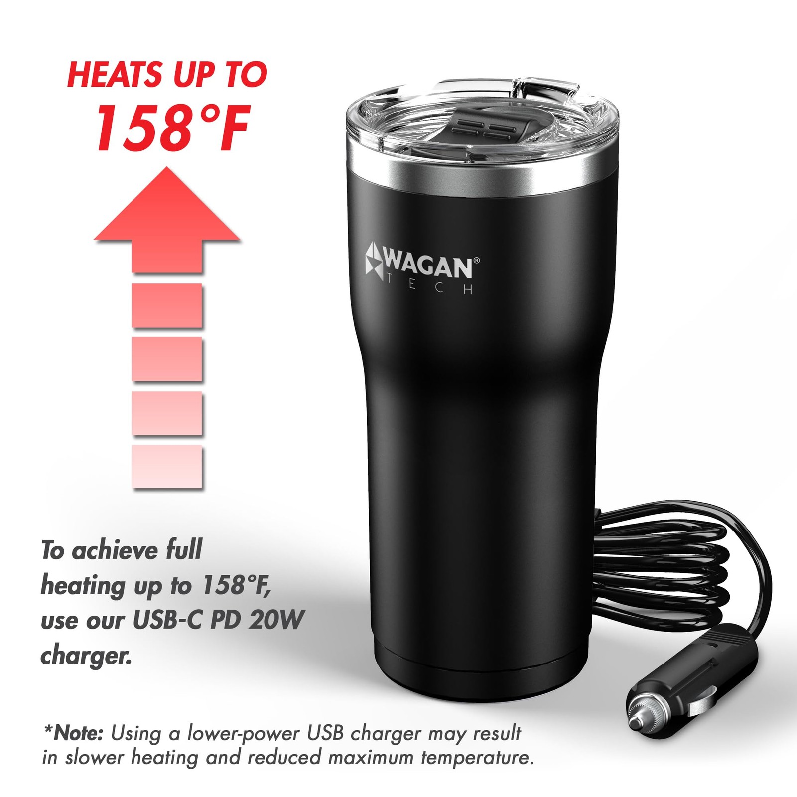 Wagan El6101 12V Travel Car Heated Mug Portable 16Oz Stainless Steel Usbc Pd20W