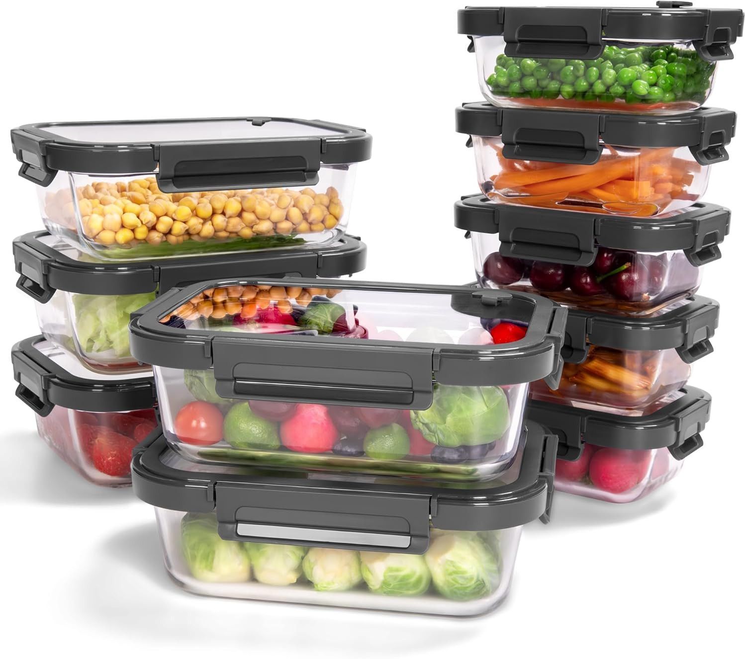 10-Pack Glass Food Storage Containers with Tempered Lids – Borosilicate, Airtigh