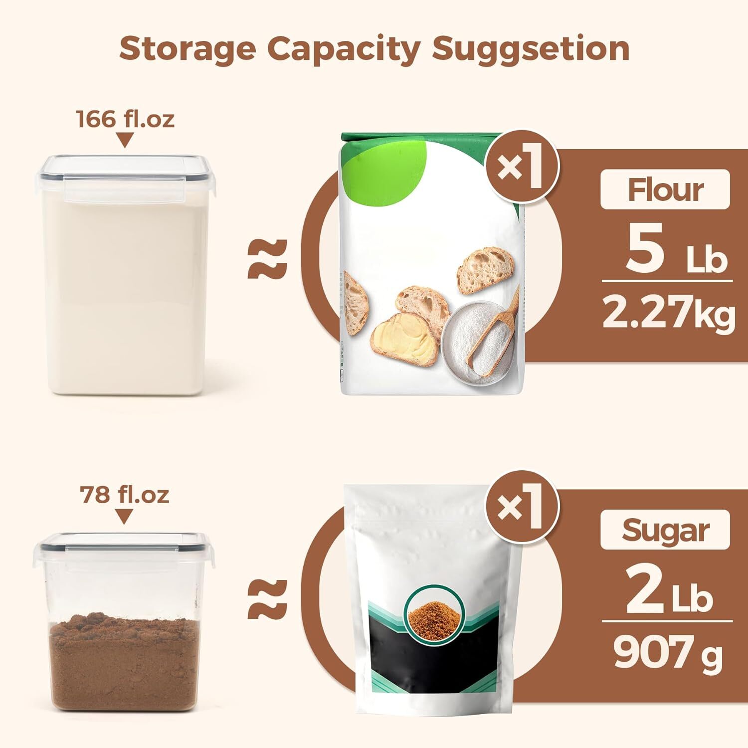 Flour Sugar Storage Containers Set of 3 (5.2L/166oz) (2.5L/78oz*2), Airtight