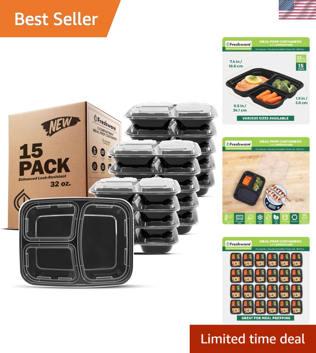 15-Pack 3-Compartment BPA-Free Meal Prep Containers, Microwave/Dishwasher Safe