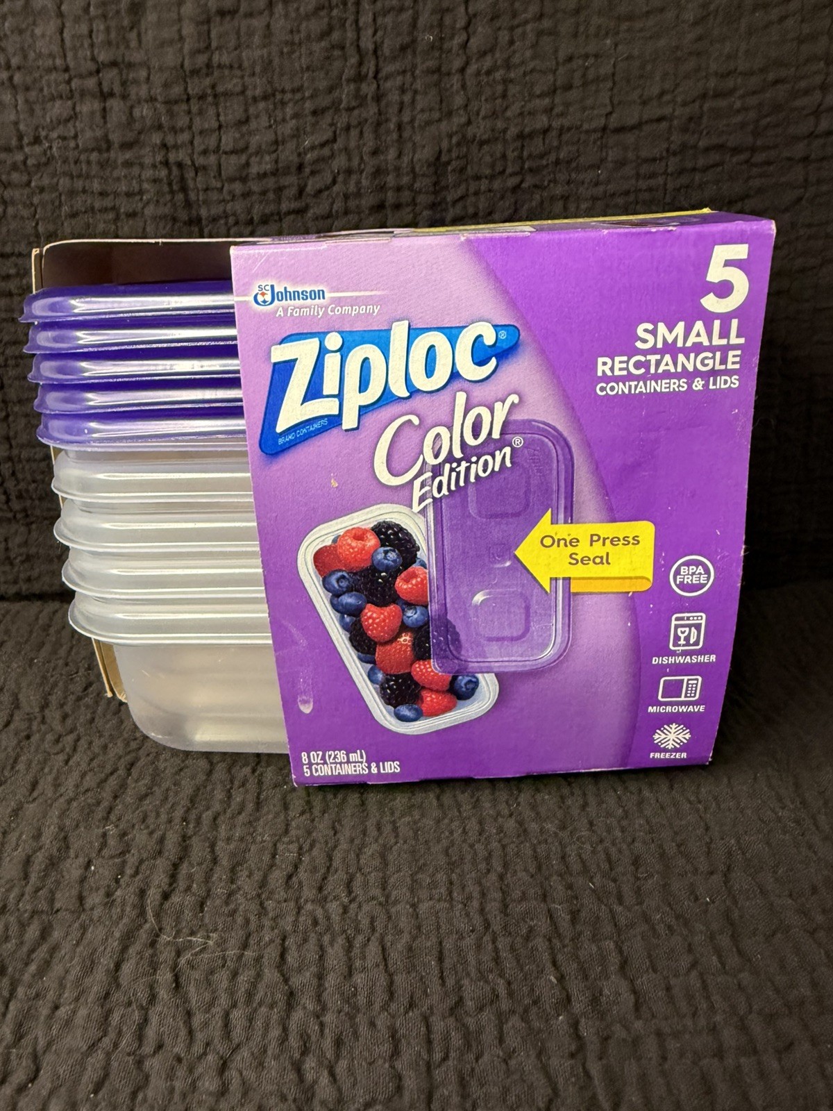 NOS Ziploc Color Edition Small Rectangle Containers 8oz Purple Lids 5ct Retired