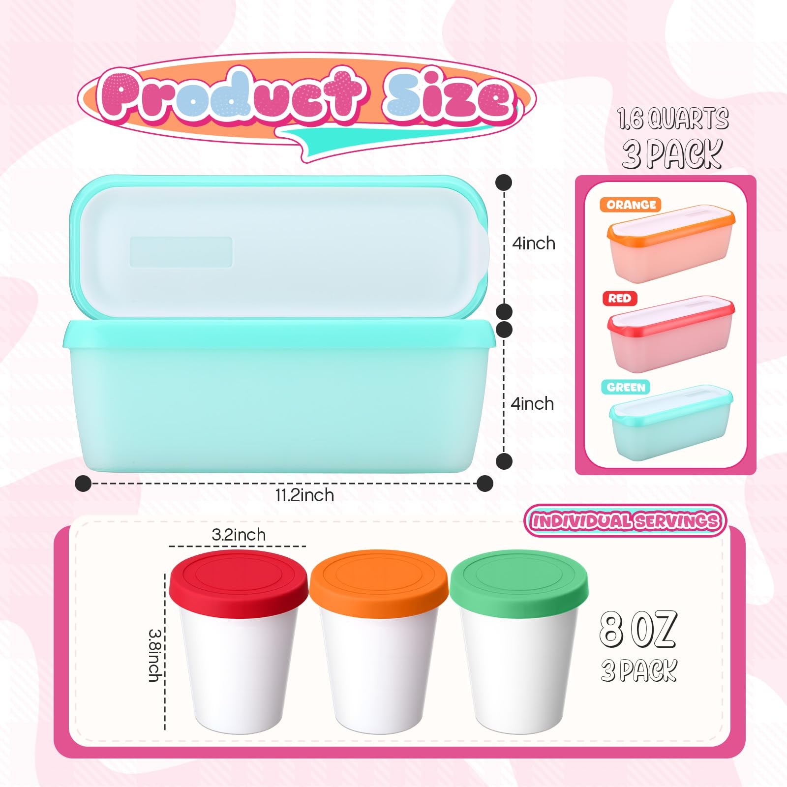 6 PCS Ice Cream Containers Set Silicone Lids 1.6 Quart 8oz Storage Tubs Cup