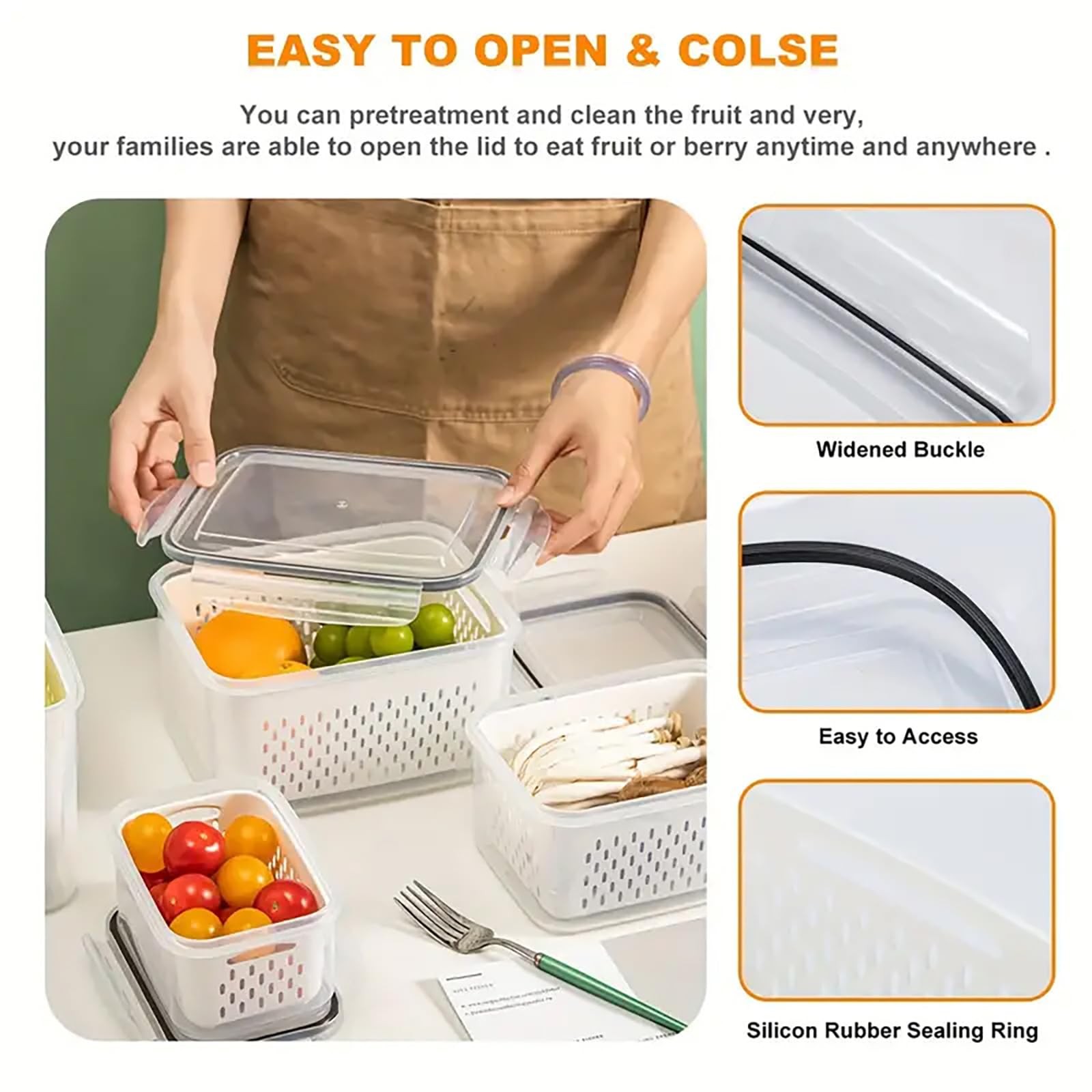3Pcs 4 in 1 Fruit Containers for Fridge with Removable Colanders and Lids, Ai…