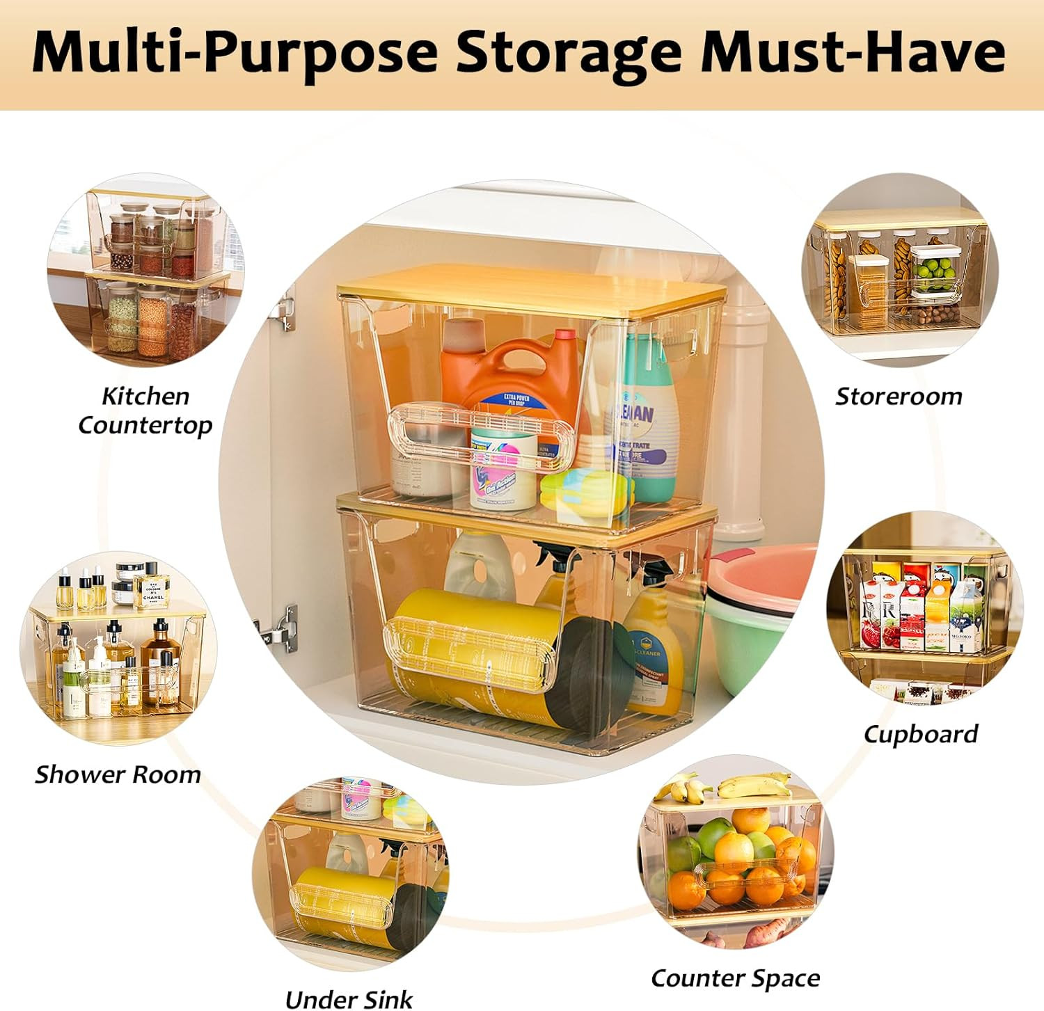 Potato Onion Storage Bin, 2 Pack Stackable Kitchen Pantry Organizer with Bamboo