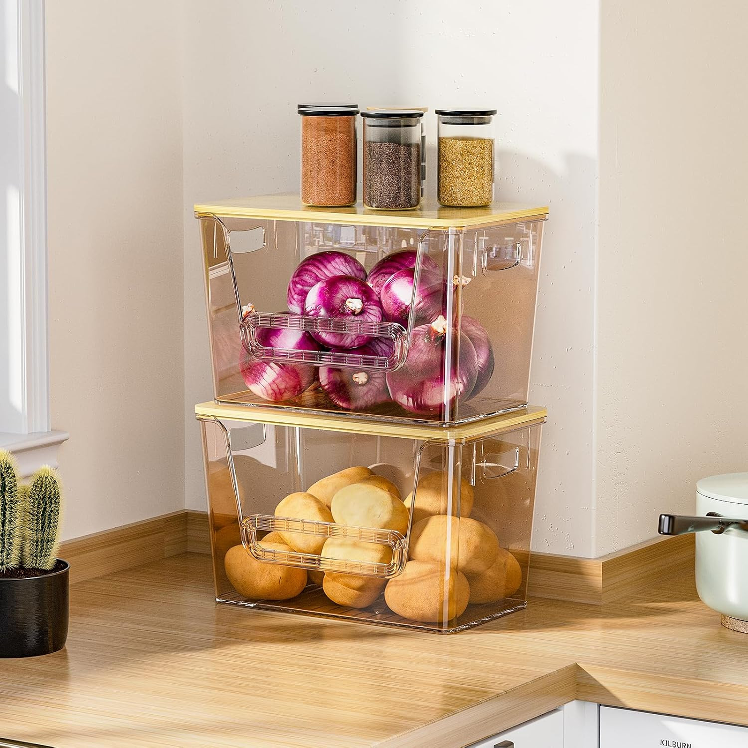 Potato Onion Storage Bin, 2 Pack Stackable Kitchen Pantry Organizer with Bamboo