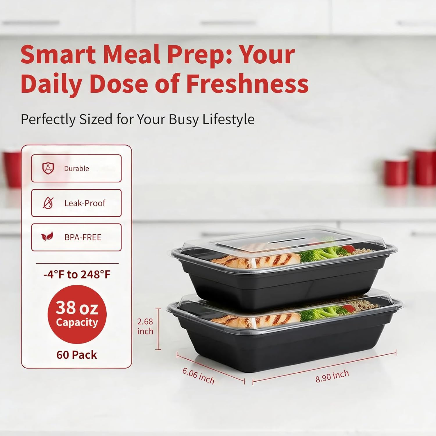 60 Pack 38 Oz Meal Prep Containers Reusable, Plastic Food Storage Container with