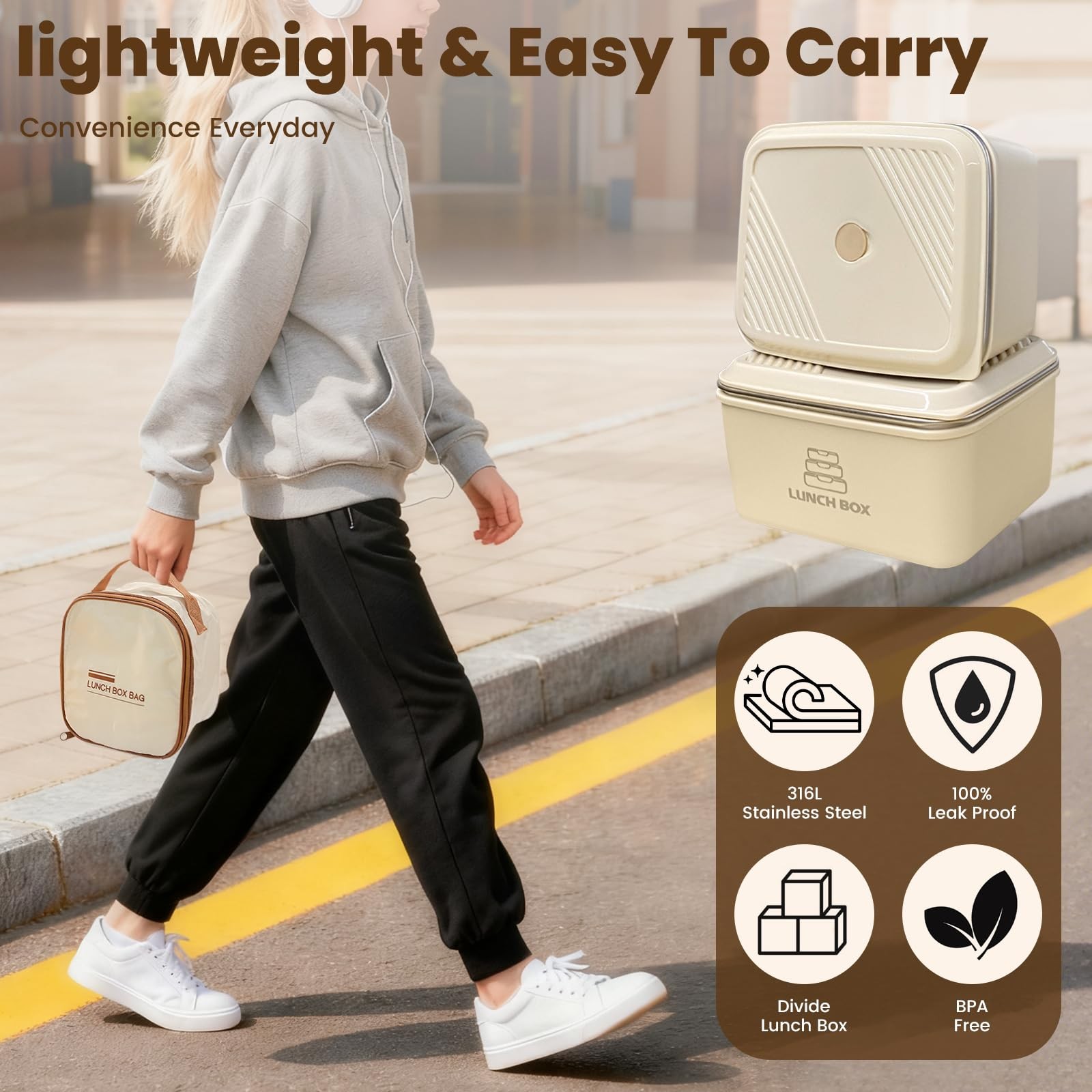 realexist 2 Pack Stainless Steel Bento Box,Leakproof 316 Regular, Beige