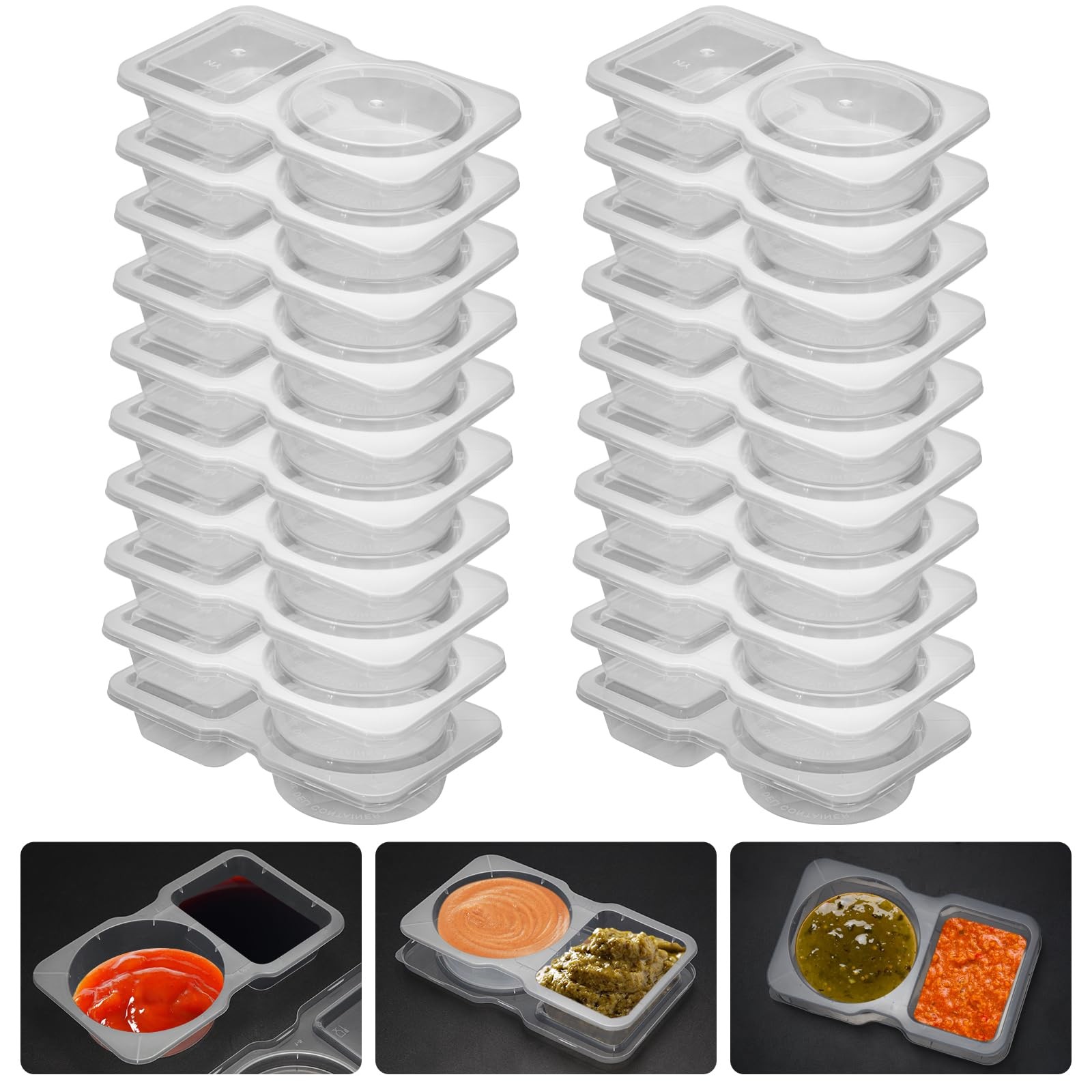 20 Set Reusable Snack Containers 2-Compartment Dipping Containers with Lid for