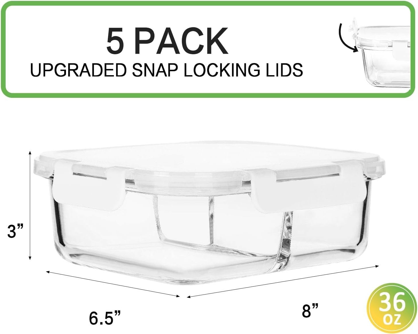 5-Pack,36 oz] Glass Meal Prep Containers 3 Compartment with Lids, Glass Lunch…