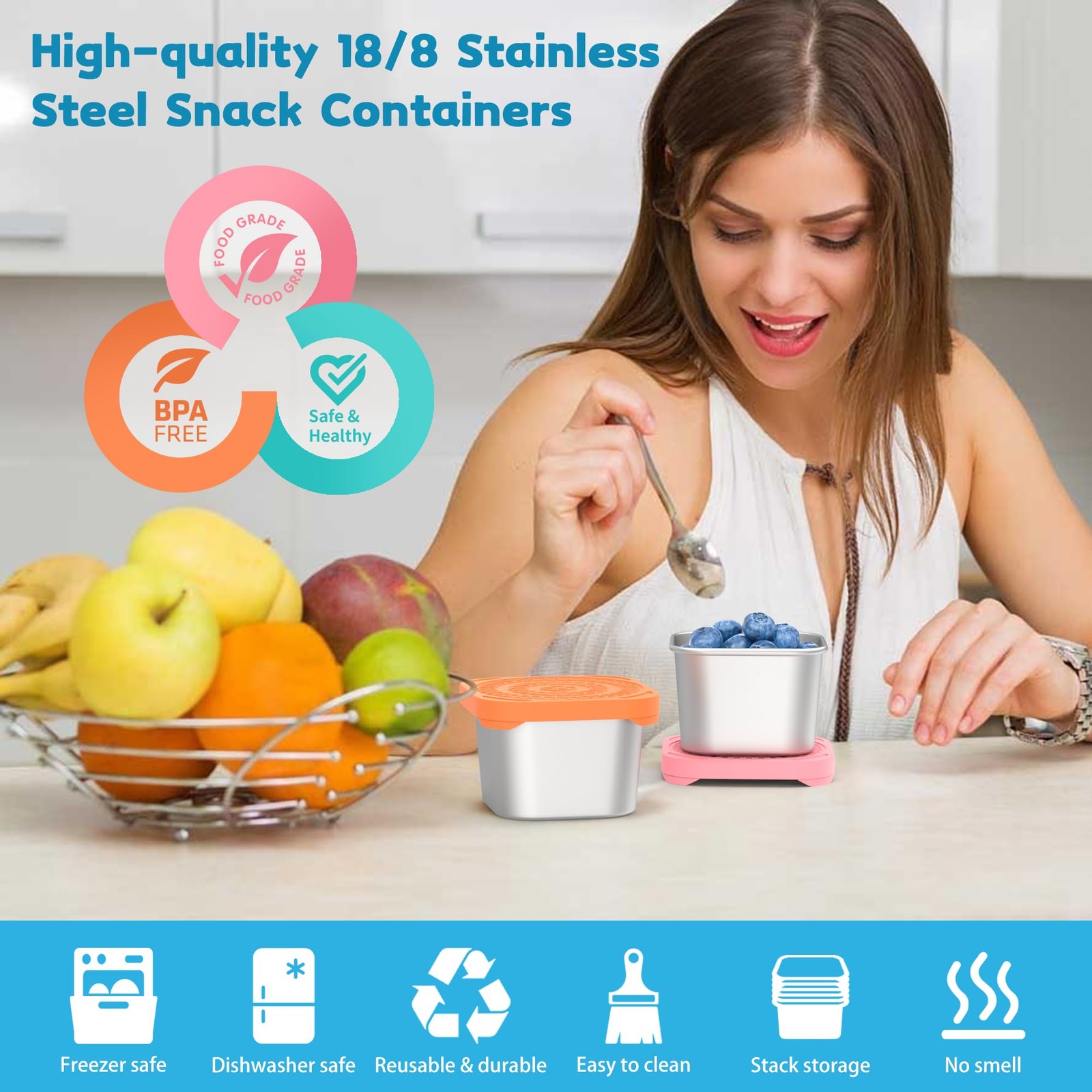 6 Pack 6oz Stainless Steel Snack Containers, Easy Open Leak Proof Stainless S…