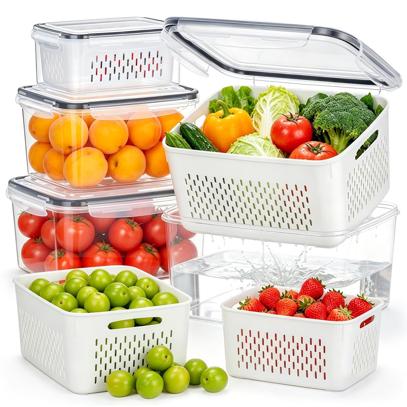 4 Pack Fruit Storage Containers for Fridge – Produce Organizers with Strainer, R