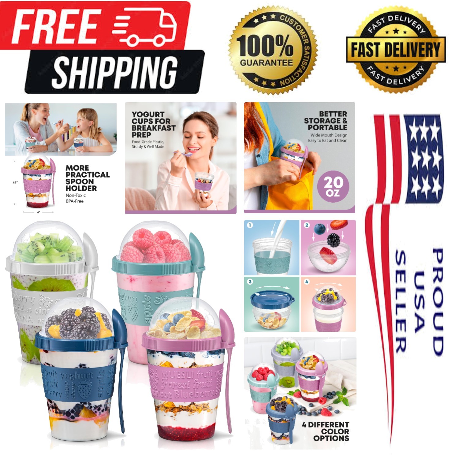 4 Pack – On the Go Yogurt Parfait Cups with Lids, Topping Compartment & Spoon…