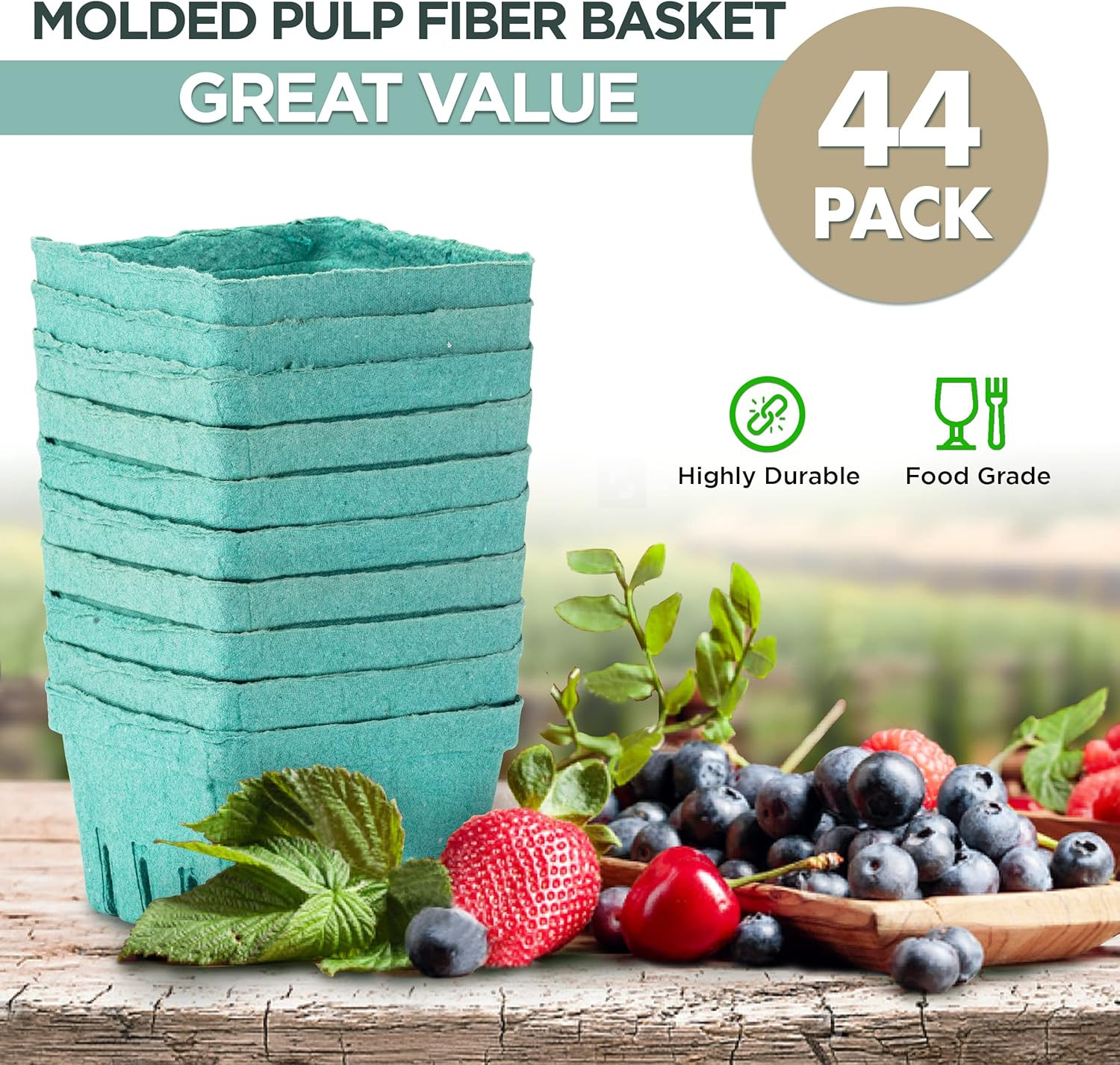 44 Pack Pint Green Molded Pulp Fiber Berry Basket Produce Vented Container for F