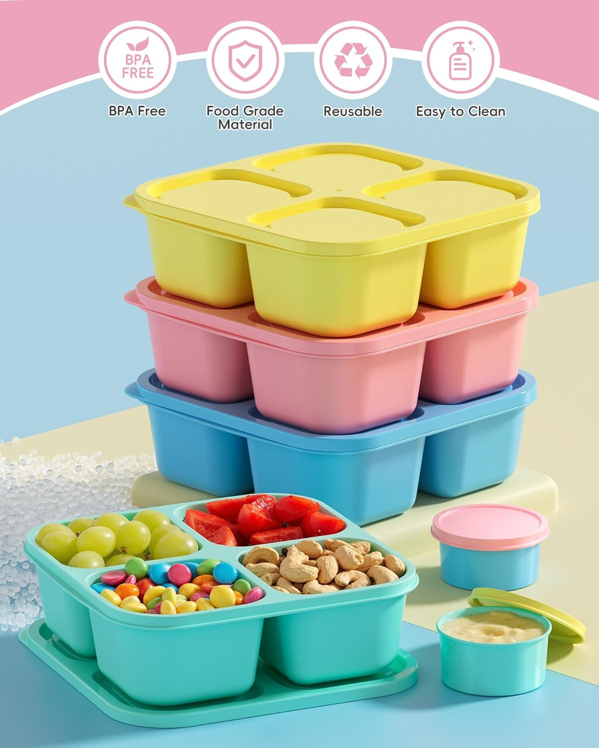 4 Pcs Snack Box Containers Set, Reusable 4 Compartment Lunchable Container with