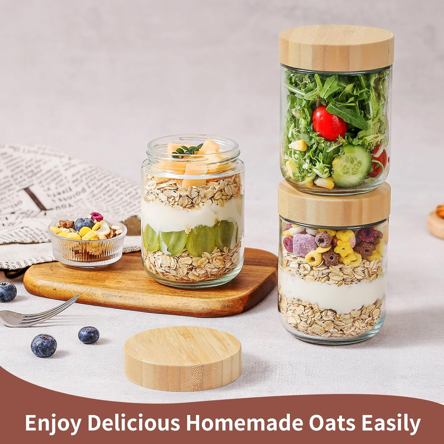 16 Oz Overnight Oats Containers with Bamboo Lids – 4 Pack Glass Storage Jars