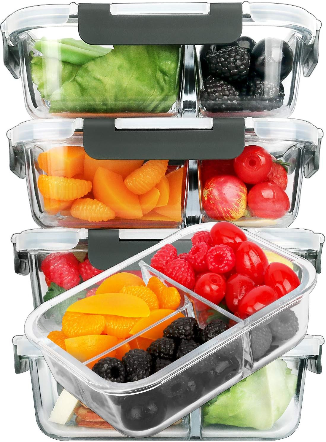 5-Pack Glass Meal Prep Containers, 36 Oz, 3 Compartment with Lids